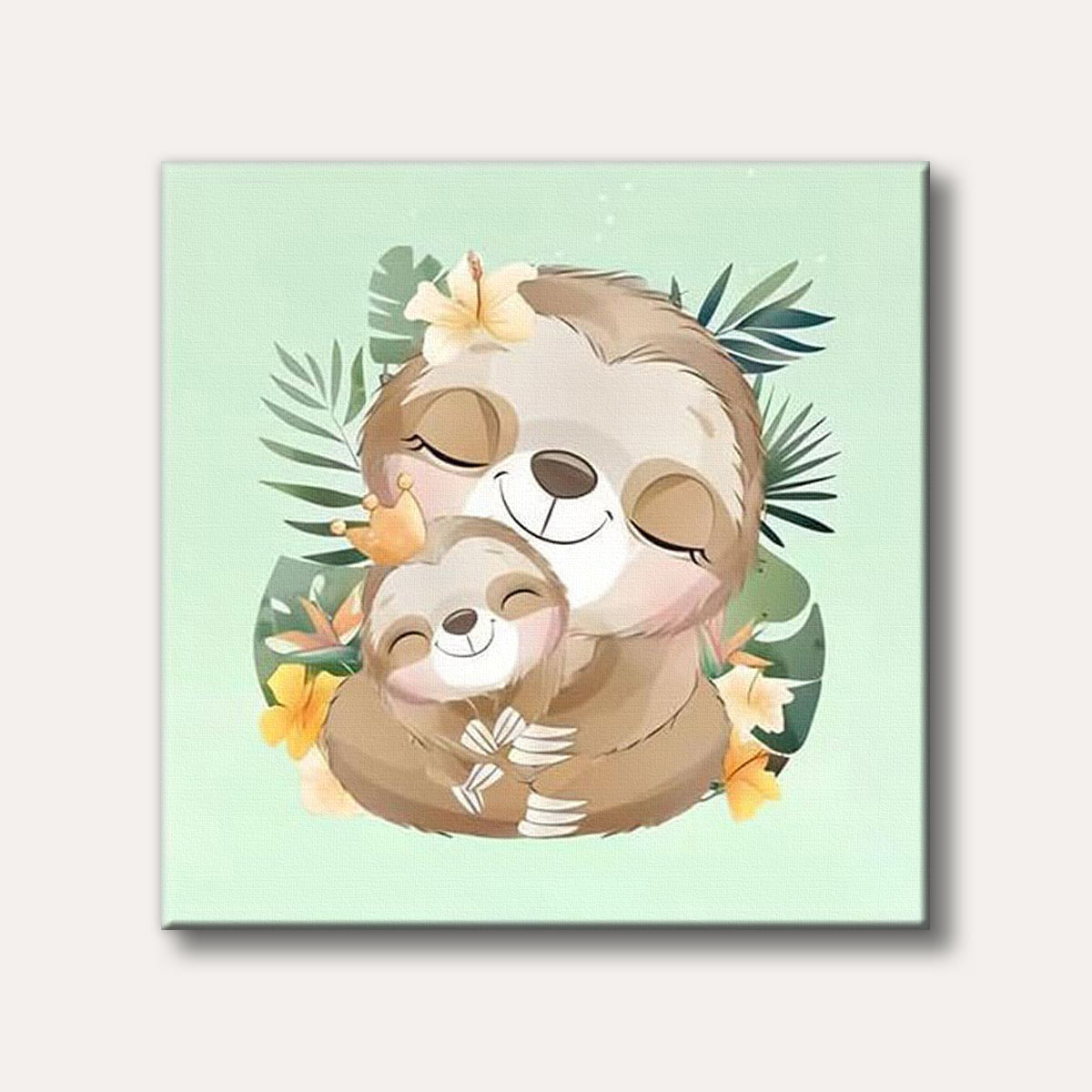 A cute illustration of a mother sloth embracing her baby sloth, both smiling with closed eyes, surrounded by green tropical leaves and yellow flowers, conveying a loving and peaceful mood.