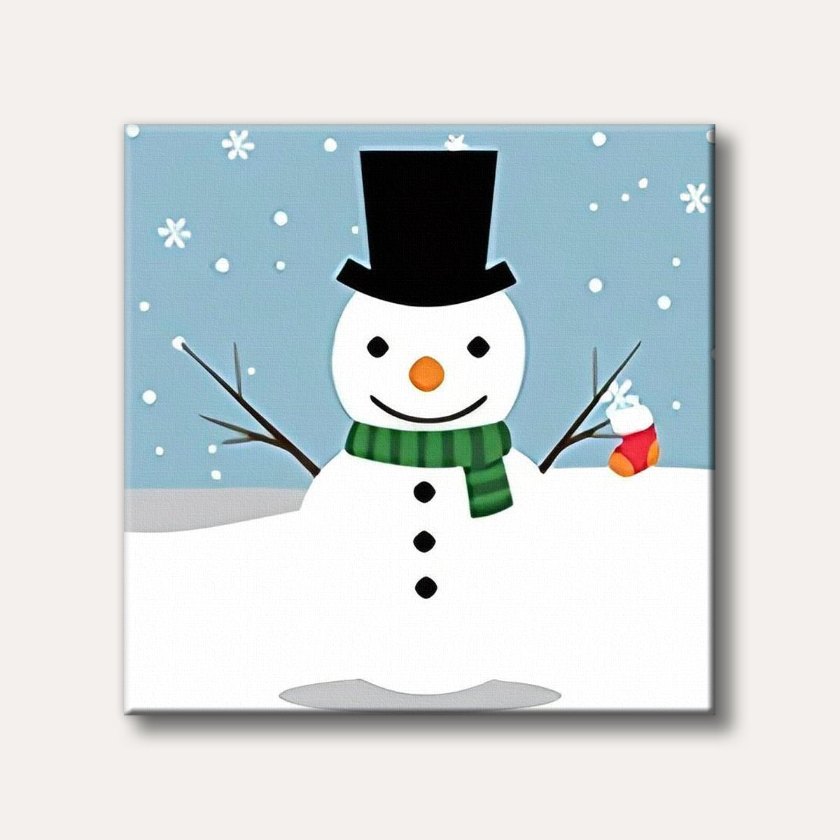 A charming cartoon snowman wearing a black top hat and green striped scarf, holding a miniature red Christmas stocking against a light blue snowy sky with falling snowflakes.
