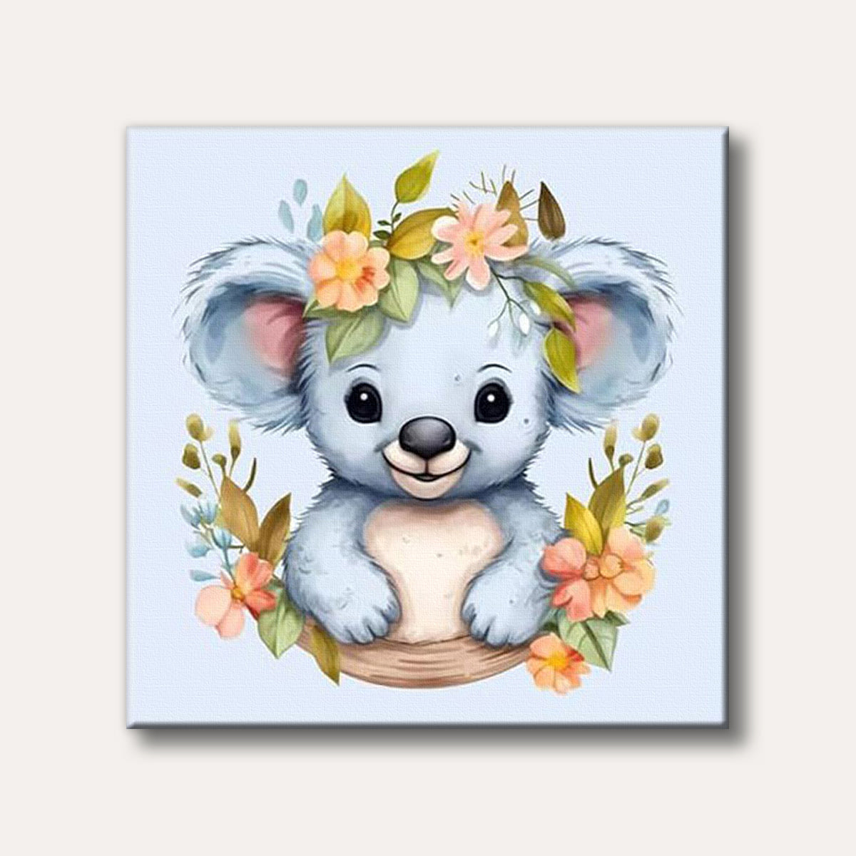 A cute, watercolour-style baby koala with soft blue fur, adorned with a crown of pink and orange flowers and green leaves, against a light blue background.