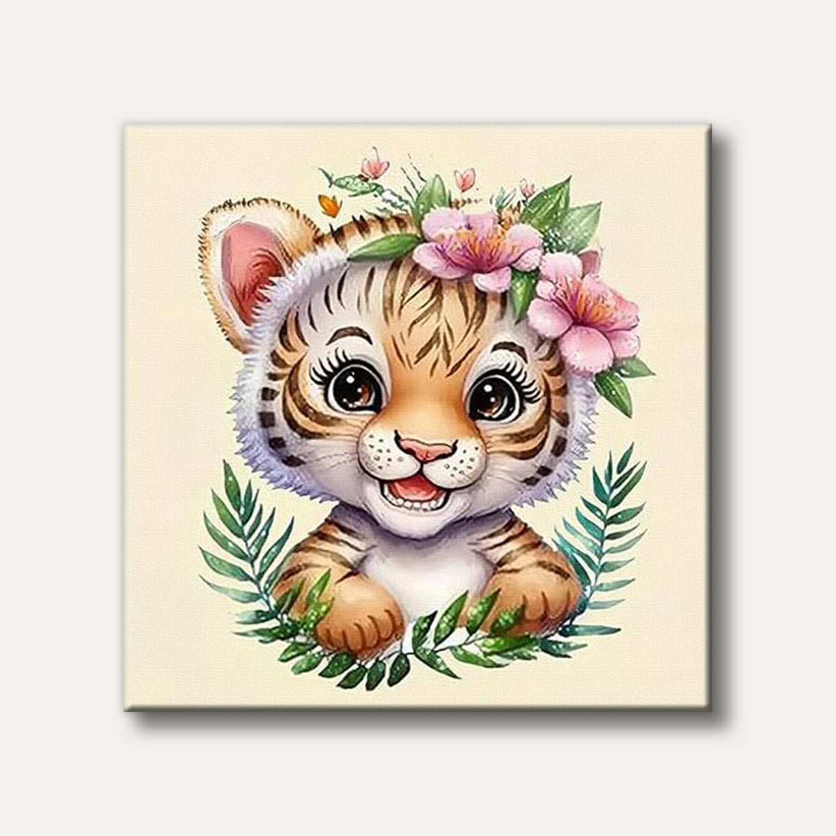 A charming cartoon baby tiger cub with large, expressive eyes and pink flowers in its hair, set against a cream background, rendered in a sweet and cheerful style.