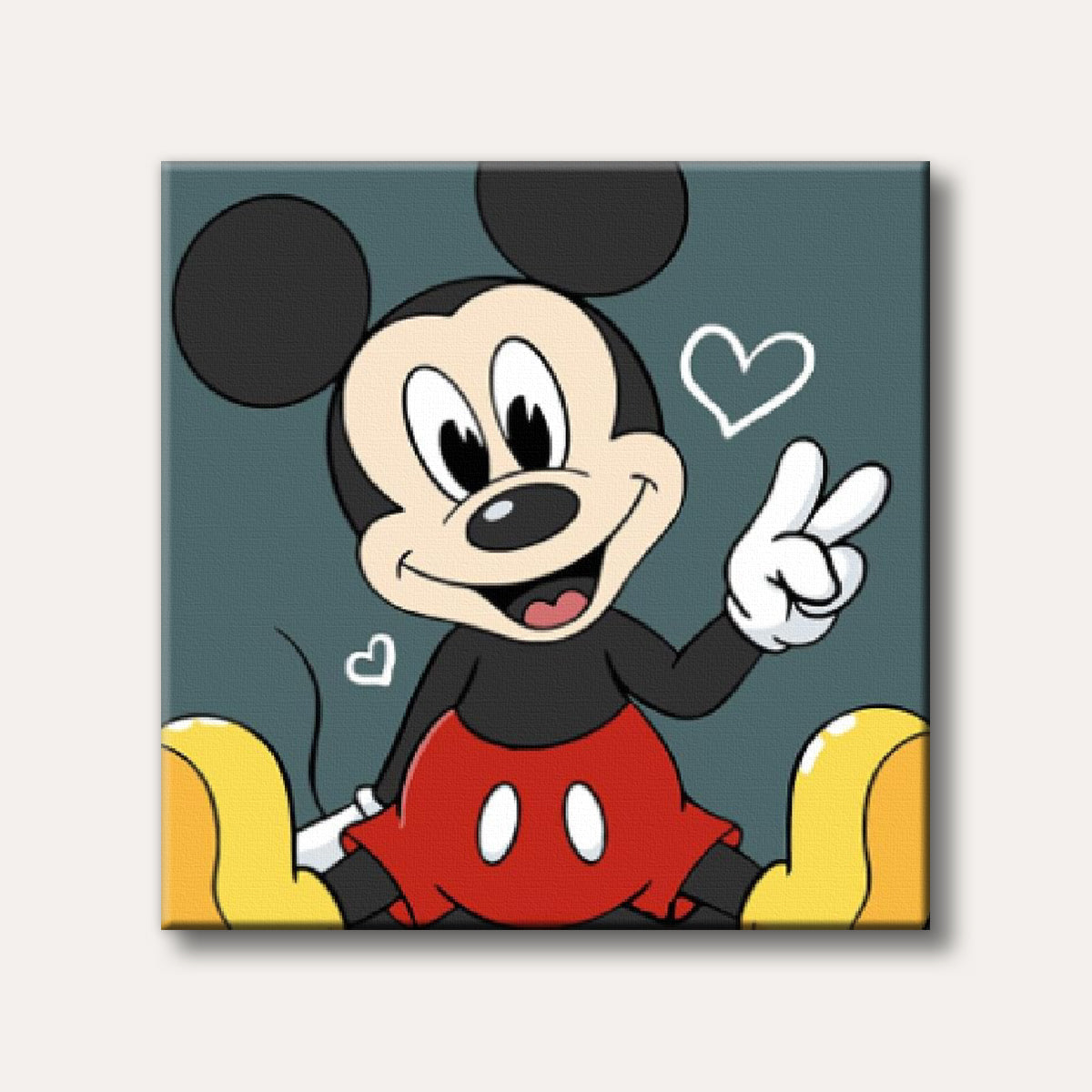 A happy Mickey Mouse character gives a peace sign, smiling against a dark teal background with floating white hearts, depicted in his classic cartoon style.