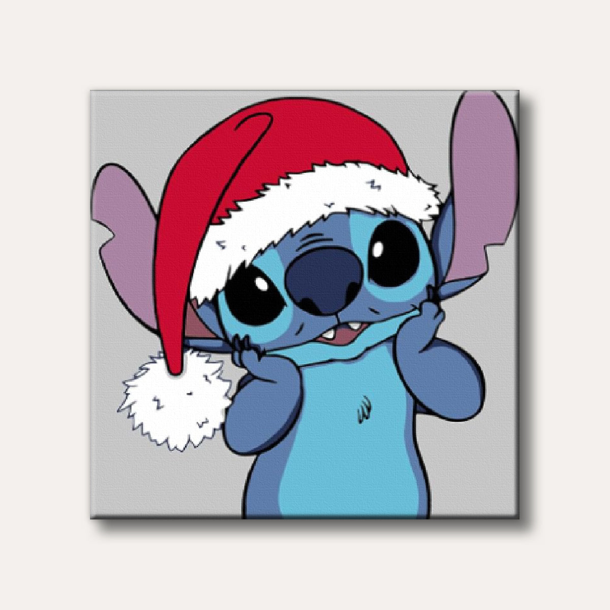 An adorable blue alien character, Stitch, wearing a red Santa hat, looking up with a cheerful expression in a cartoon style.