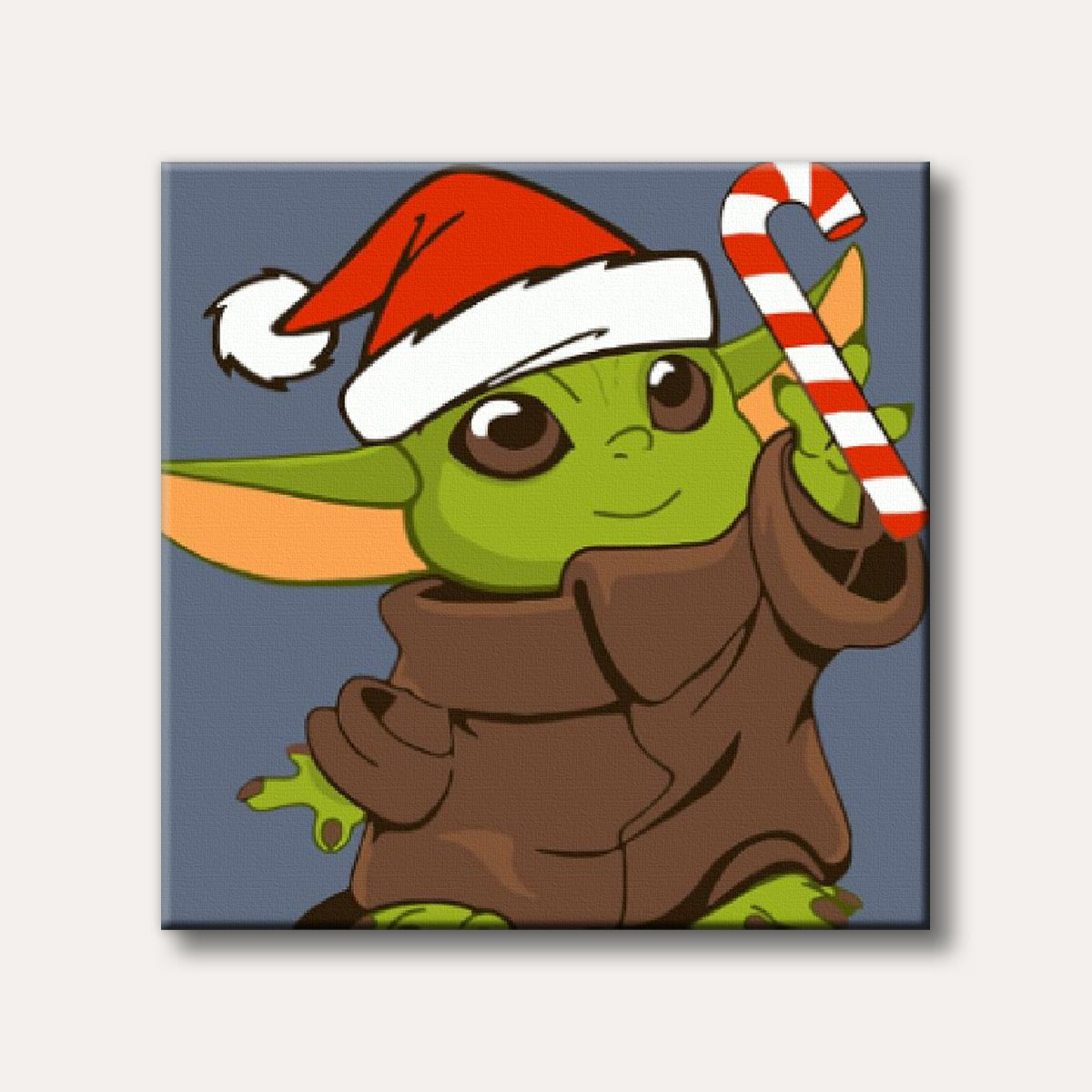 A cute cartoon illustration of Grogu, also known as Baby Yoda, wearing a red and white Santa hat and holding a festive candy cane, set against a simple background.