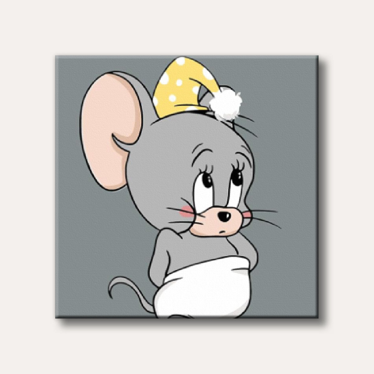 A cute grey cartoon mouse wearing a yellow polka-dotted sleeping cap and a white diaper, looking contemplative in a simple animated style.