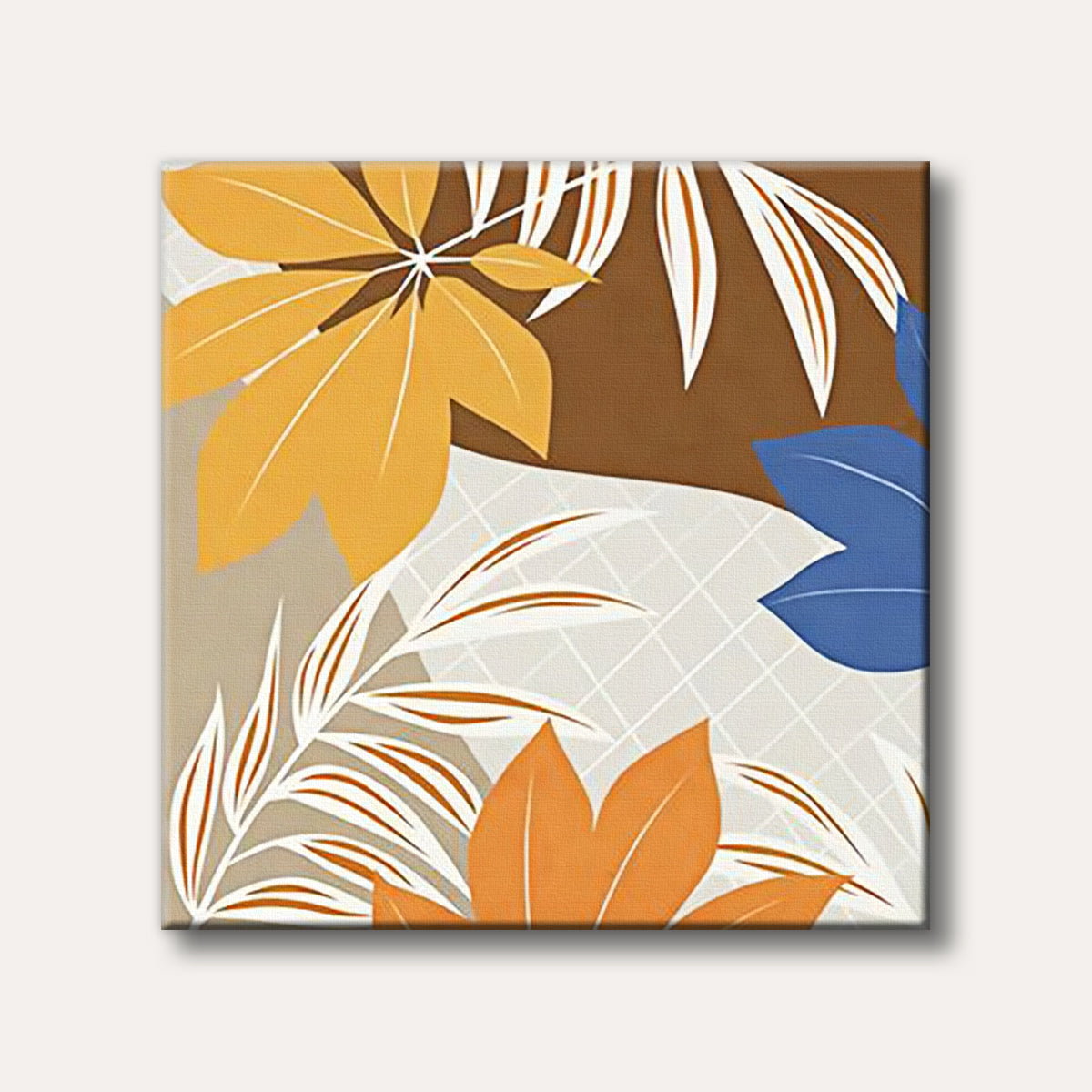 An abstract art piece depicting stylized leaves in autumn colours like golden yellow, blue, and orange, on a muted brown and beige background with subtle white lines, rendered in a clean, contemporary style.