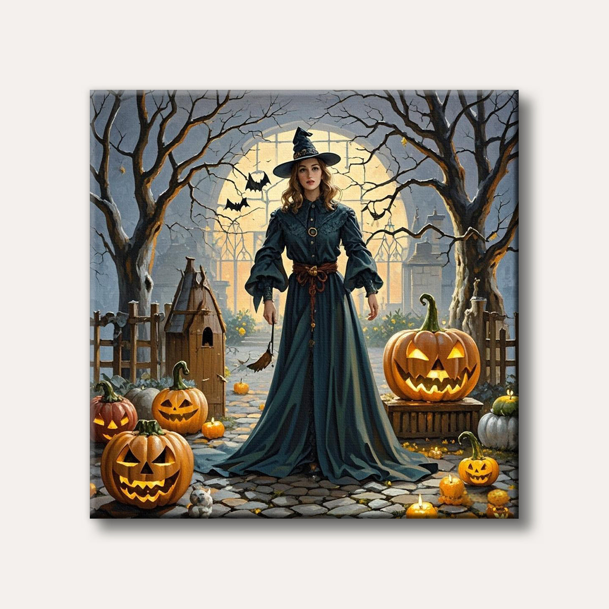 A striking portrait of a witch in a flowing dark teal gown and hat, standing amidst glowing jack-o'-lanterns and bare trees against a ghostly architectural background, rendered in a realistic, atmospheric style.