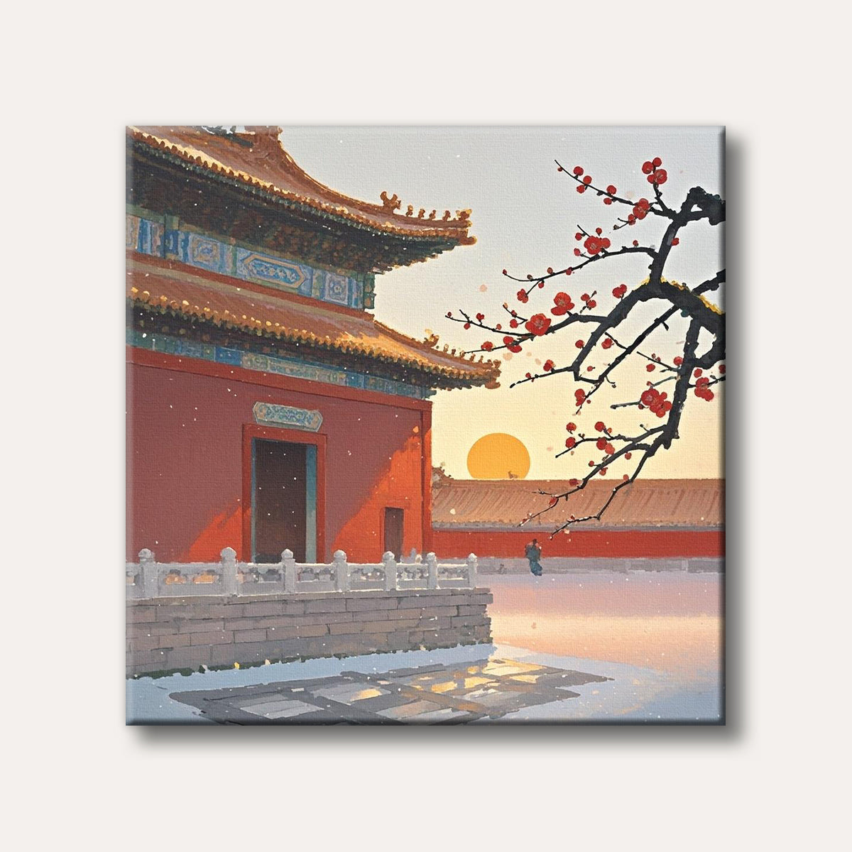 A stylized painting of a traditional East Asian red palace building with an ornate roof, a blooming plum branch with red flowers in the foreground, and a large orange sunset over a snowy courtyard where a lone figure walks.