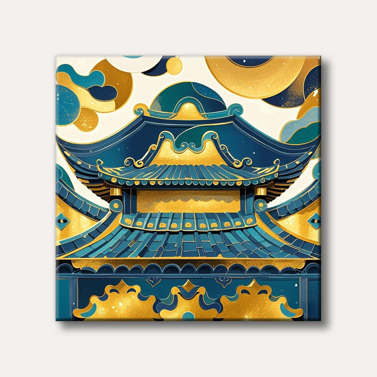 A vibrant, stylized illustration of ornate blue and gold traditional Asian temple architecture with decorative cloud patterns.