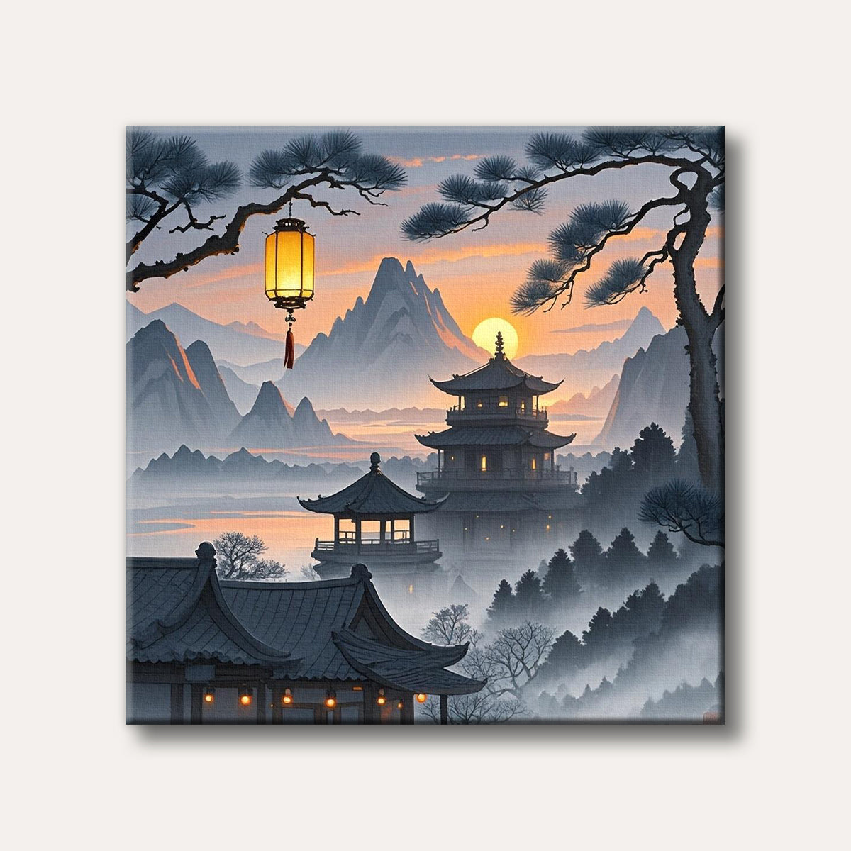 A serene landscape painting depicting traditional East Asian temples and pagodas surrounded by misty mountains at sunrise, with a glowing lantern in the foreground.