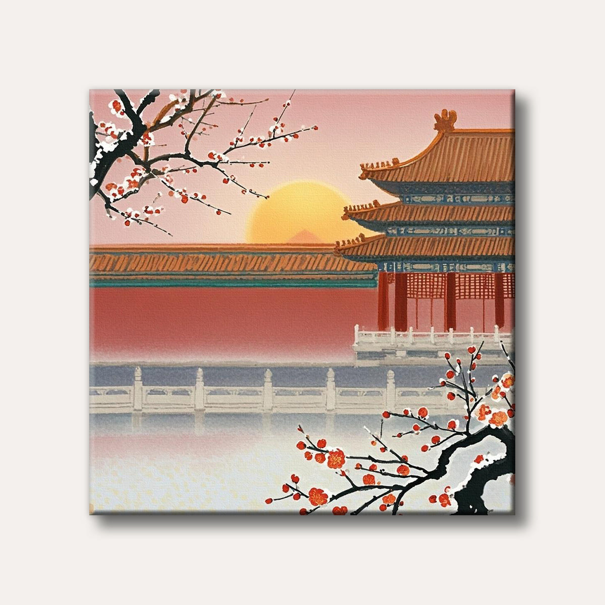 A traditional Chinese palace with tiered roofs and red walls stands under a warm sunset, framed by delicate branches of red plum blossoms, depicted in a painterly style.