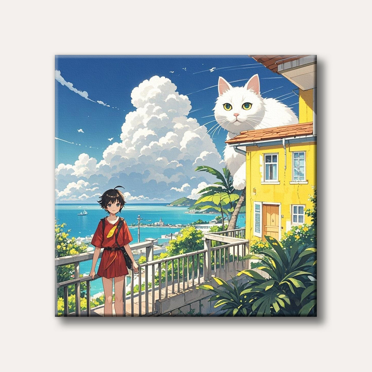 A large white cat sits on a yellow house overlooking a vibrant blue ocean, with a person standing on a balcony, all depicted in a whimsical anime art style.