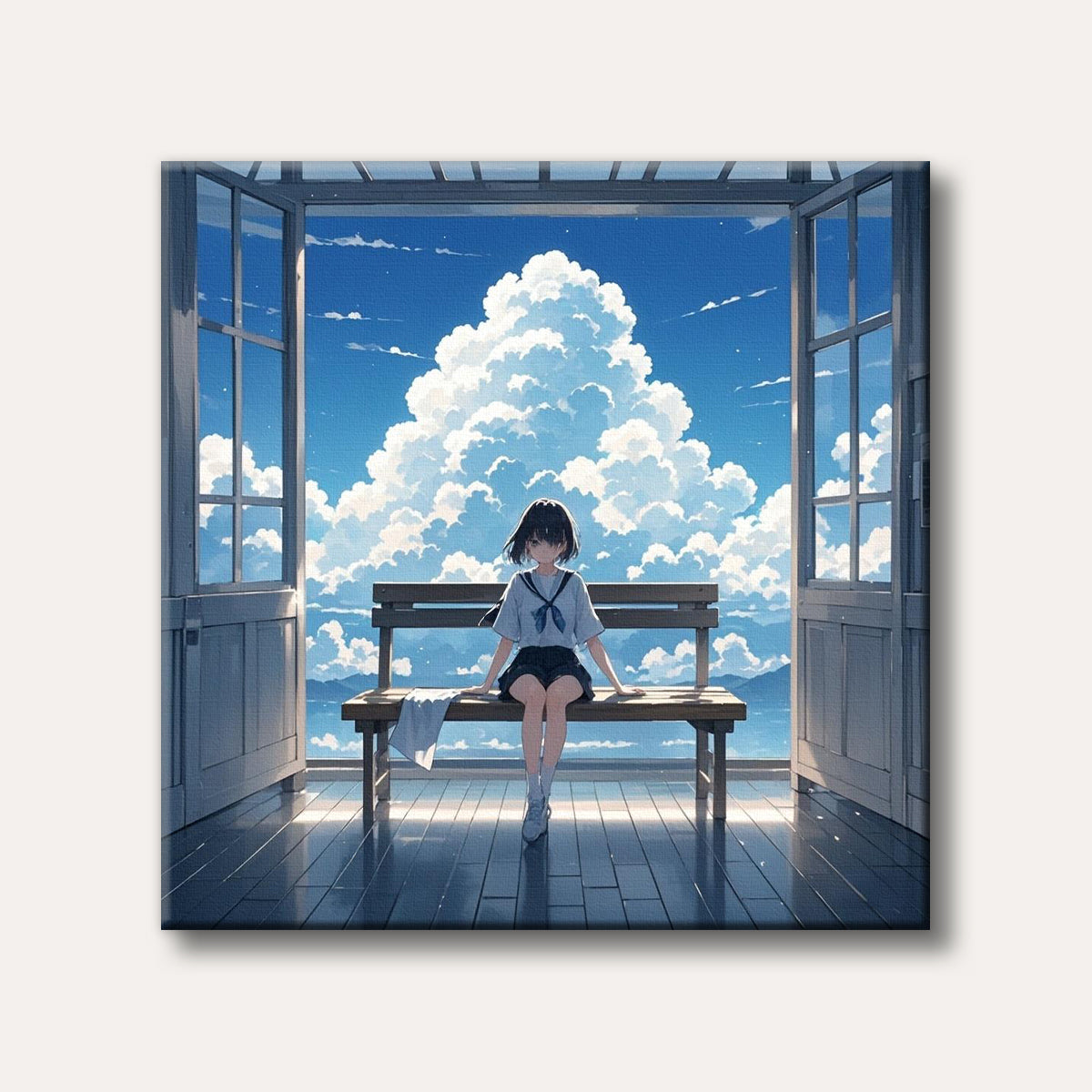 An anime-style illustration depicting a young girl in a school uniform sitting on a bench, looking out at a vast, bright blue sky filled with majestic cumulus clouds, framed by an open doorway, conveying a serene and dreamy mood.
