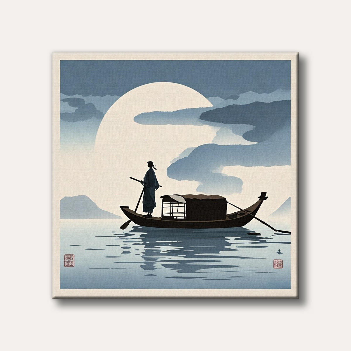 A figure on a traditional boat on a calm lake under a large moon, rendered in a minimalist East Asian art style with serene blue and grey tones.