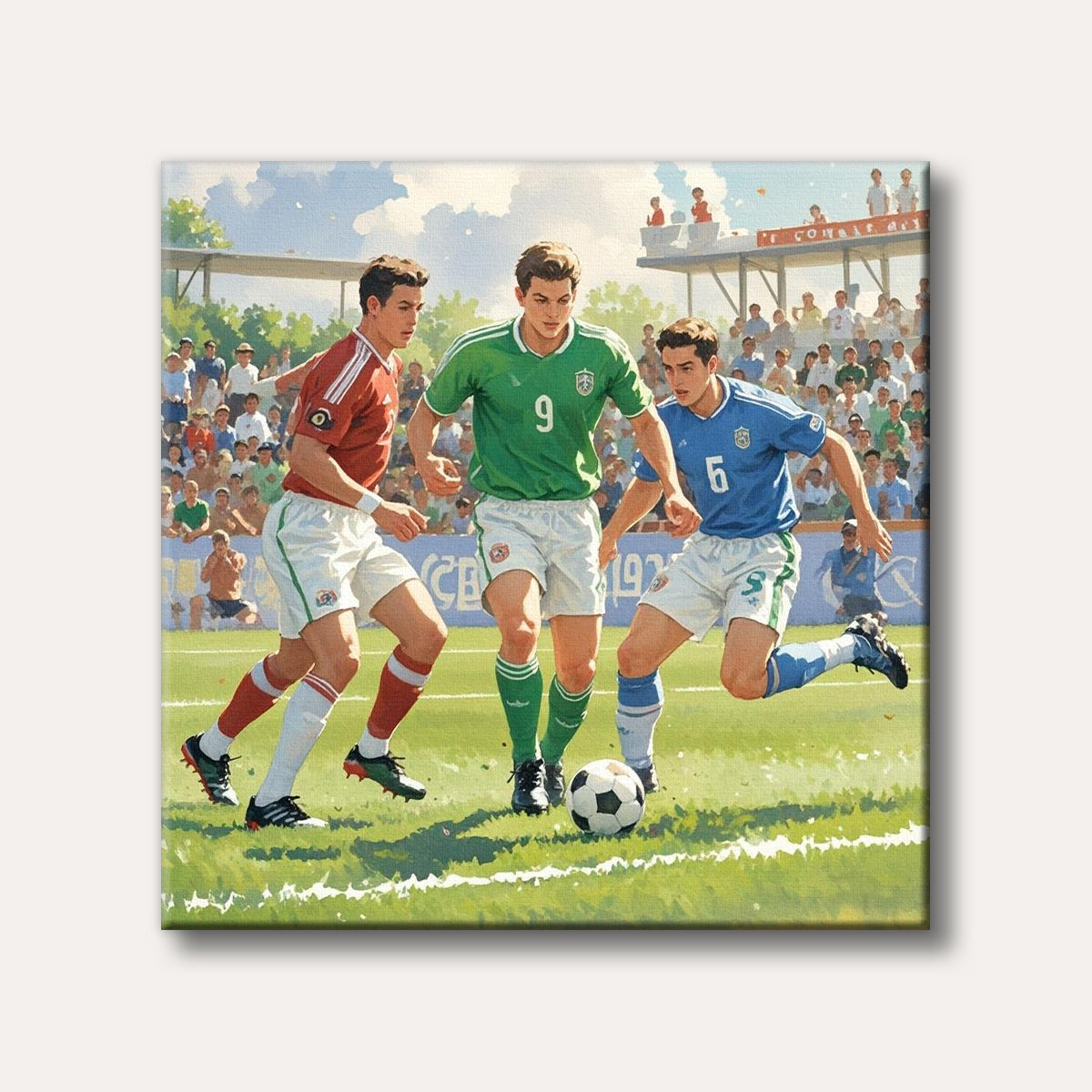 A dynamic painting of three male soccer players, one in red, one in green, and one in blue, running and kicking a ball on a bright green field during a game, with a stadium crowd in the background, rendered in a realistic, energetic style.