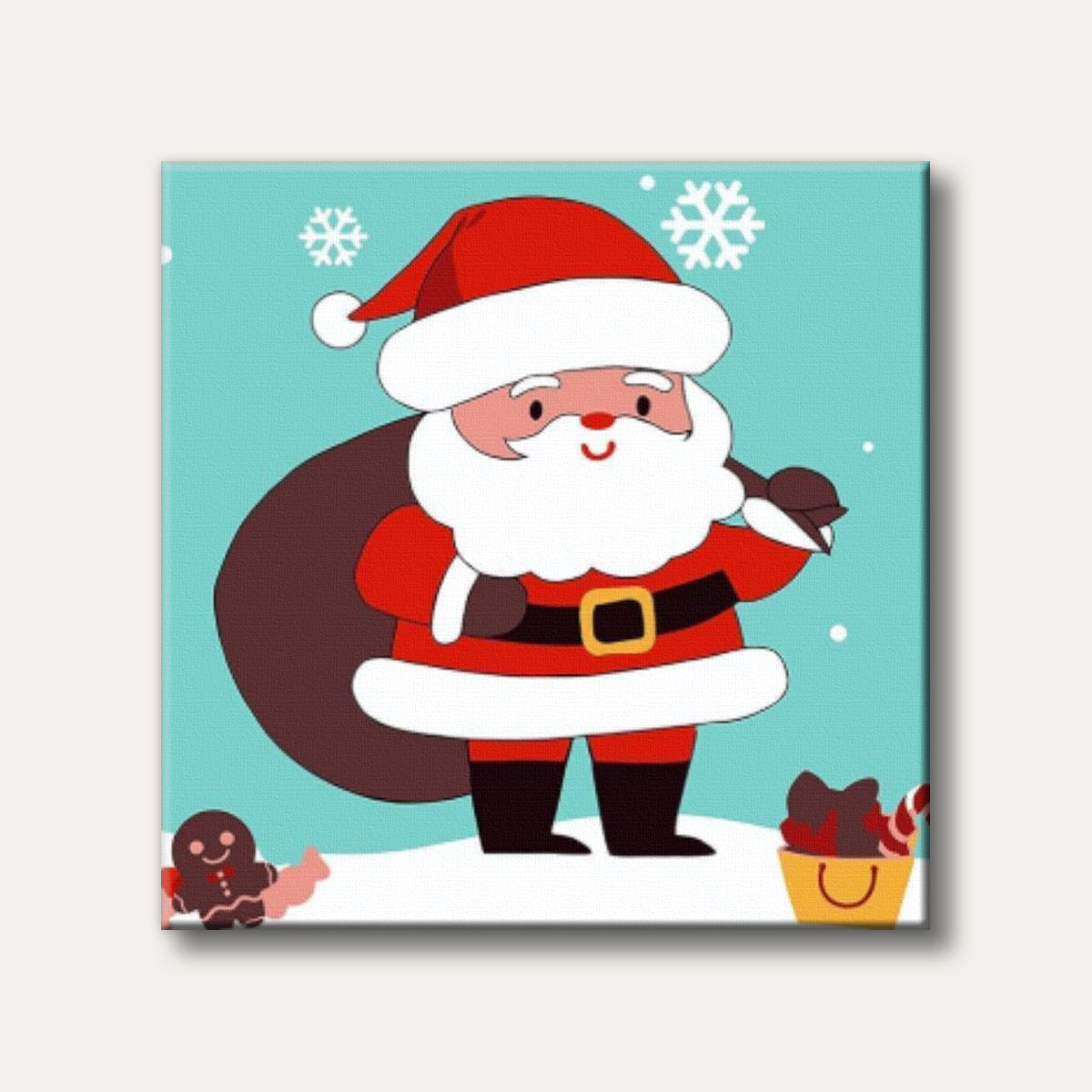 A cheerful cartoon Santa Claus with a gift sack stands in snow with falling snowflakes, a gingerbread man, and candy, depicted in a flat, festive style.