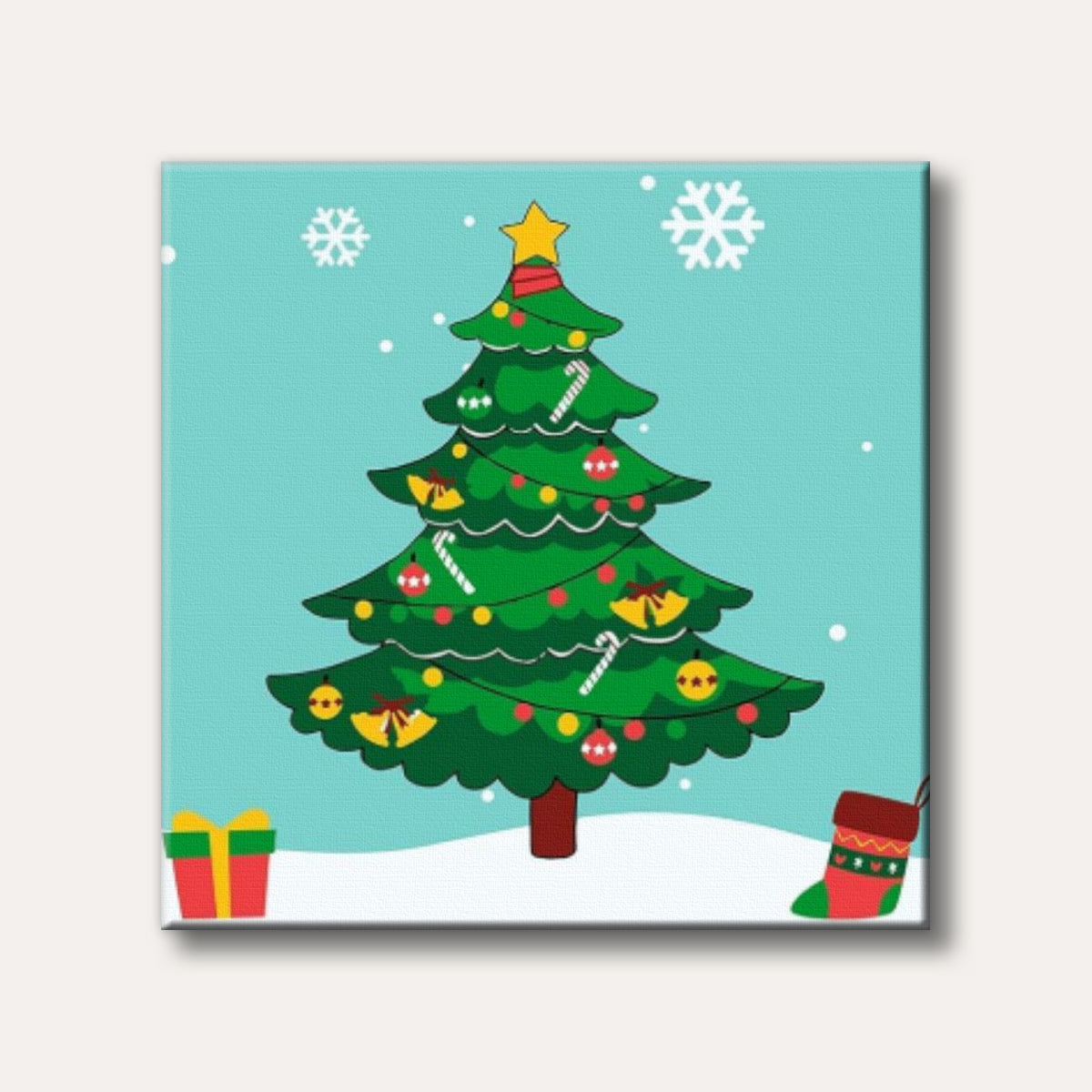 A cheerful, cartoon-style illustration of a decorated Christmas tree with a star, ornaments, and candy canes, set in a snowy scene with a wrapped gift and a stocking, all under a light blue sky.