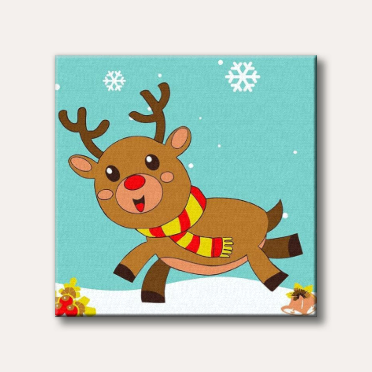 A cheerful cartoon reindeer with a red nose and striped scarf runs through a snowy landscape with falling snowflakes, depicted in a festive, cute style.