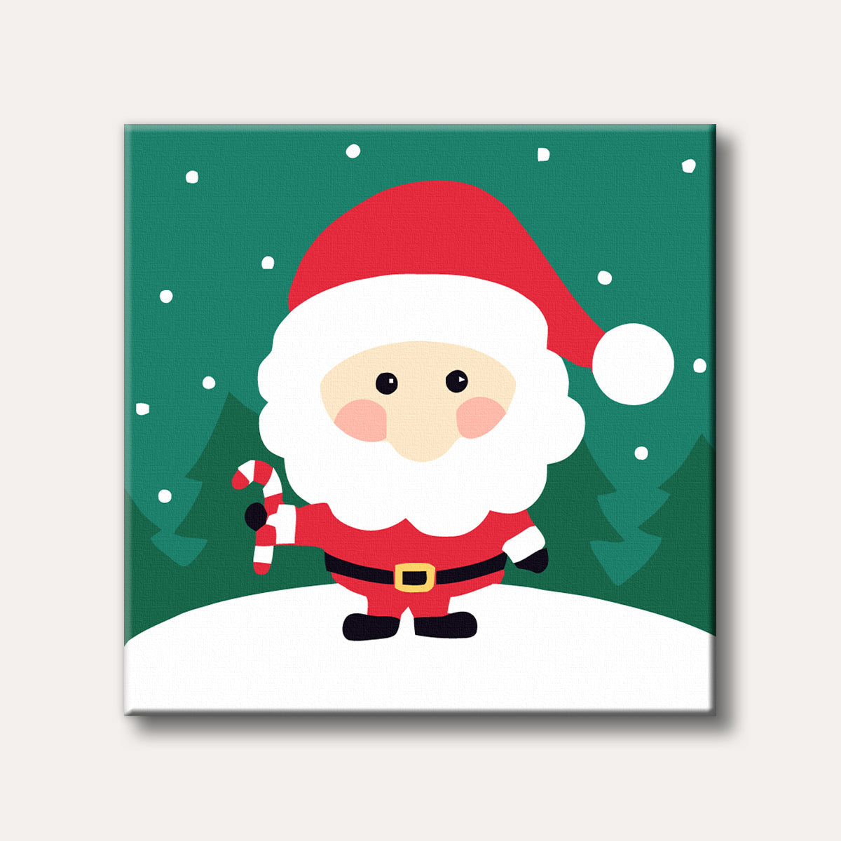 A cute, cartoon-style illustration of Santa Claus in a red suit holding a candy cane, standing in a snowy landscape with green pine trees and falling snowflakes, conveying a cheerful holiday mood.