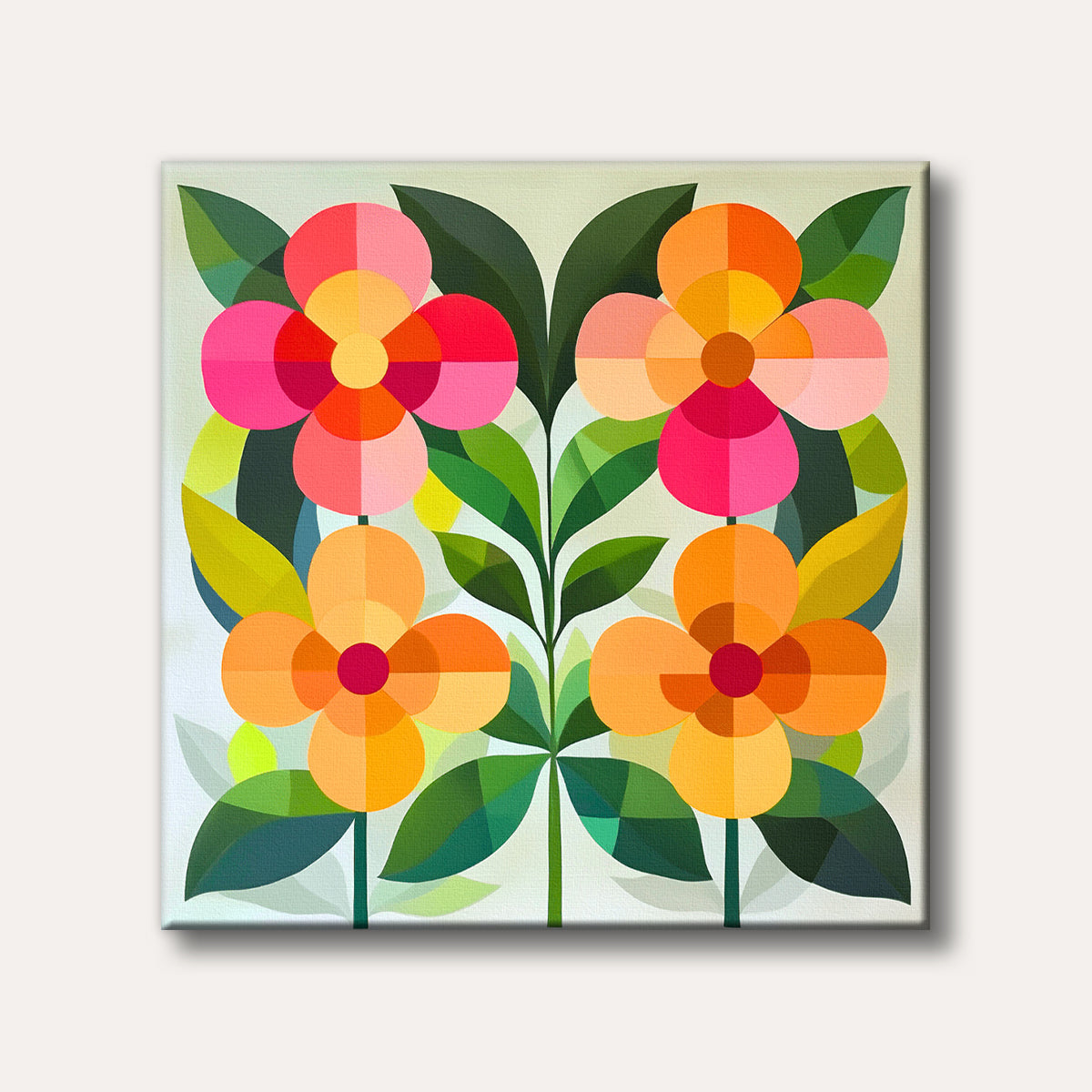 A colourful geometric illustration featuring four stylized flowers with symmetrical leaves in shades of pink, orange, yellow, and green, rendered in a cheerful, modern abstract style.
