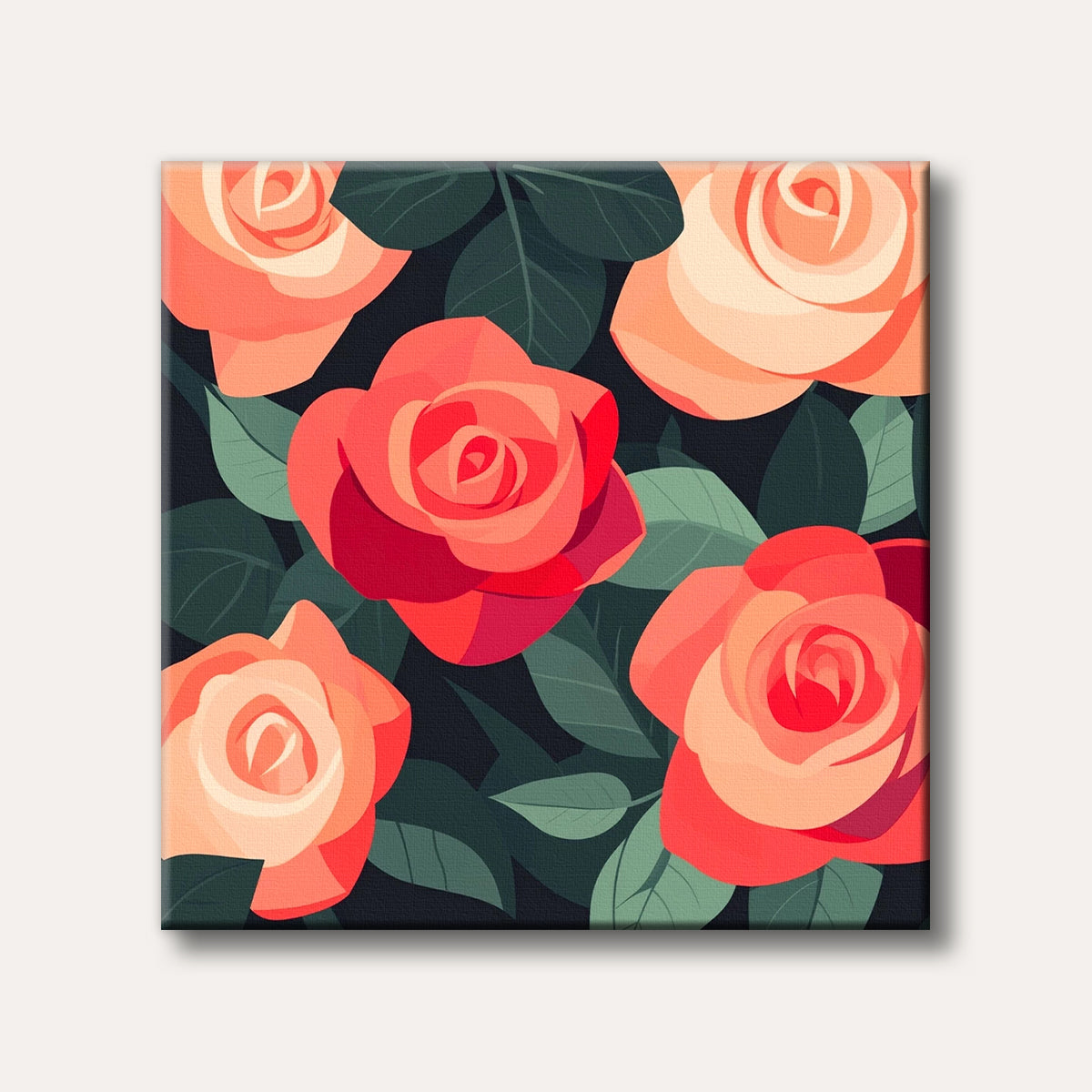 A close-up view of vibrant coral and red roses with deep green leaves, presented in a stylized, modern floral art style.