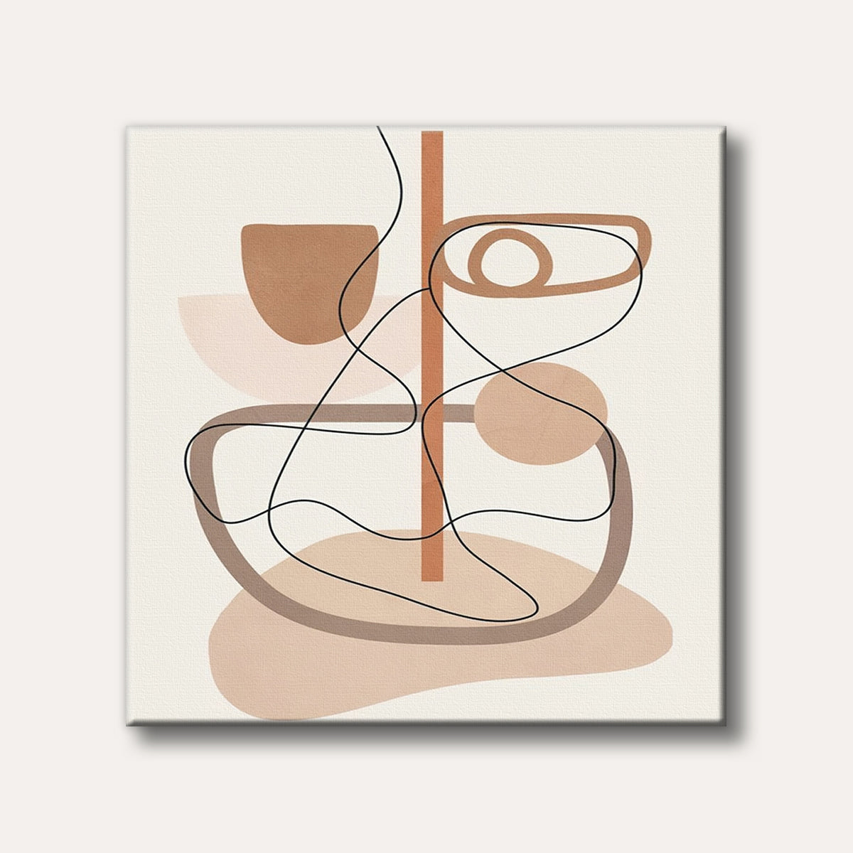 An abstract artwork showcasing organic shapes and flowing black lines against a light background, rendered in warm, earthy beige and brown tones with a minimalist aesthetic.