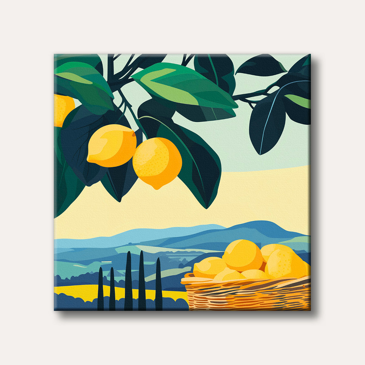 A vibrant, stylized illustration of a lemon tree with ripe yellow lemons, overlooking a serene Mediterranean landscape with a basket of lemons in the foreground.