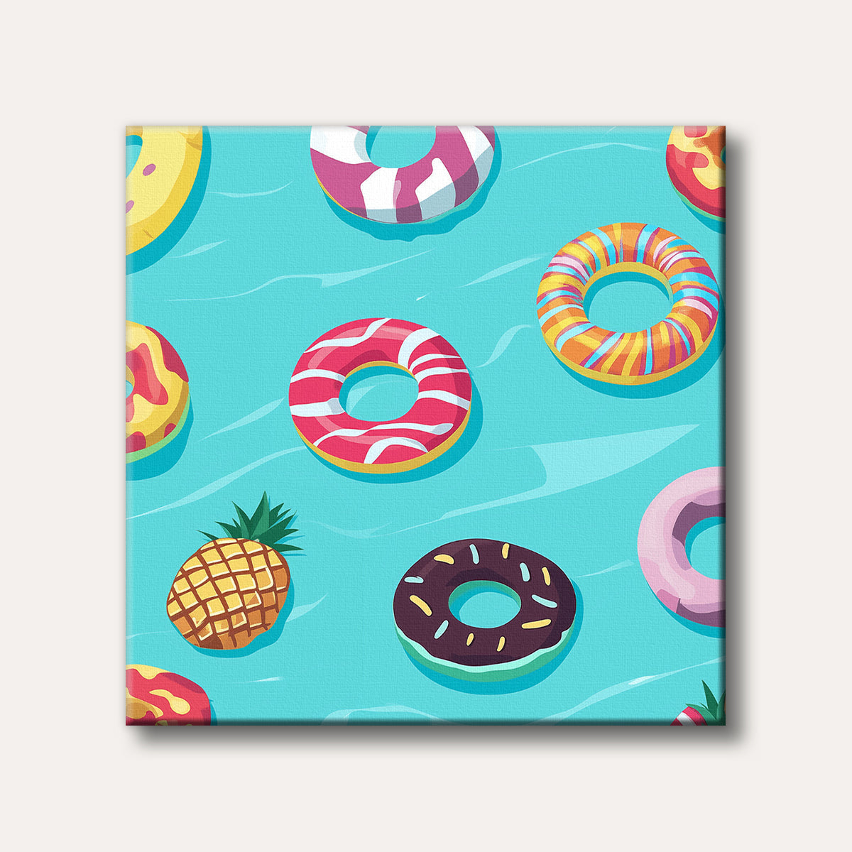 A cheerful illustration of assorted colourful pool floats, including striped donuts and a pineapple, floating on bright turquoise water, rendered in a modern, vibrant style.