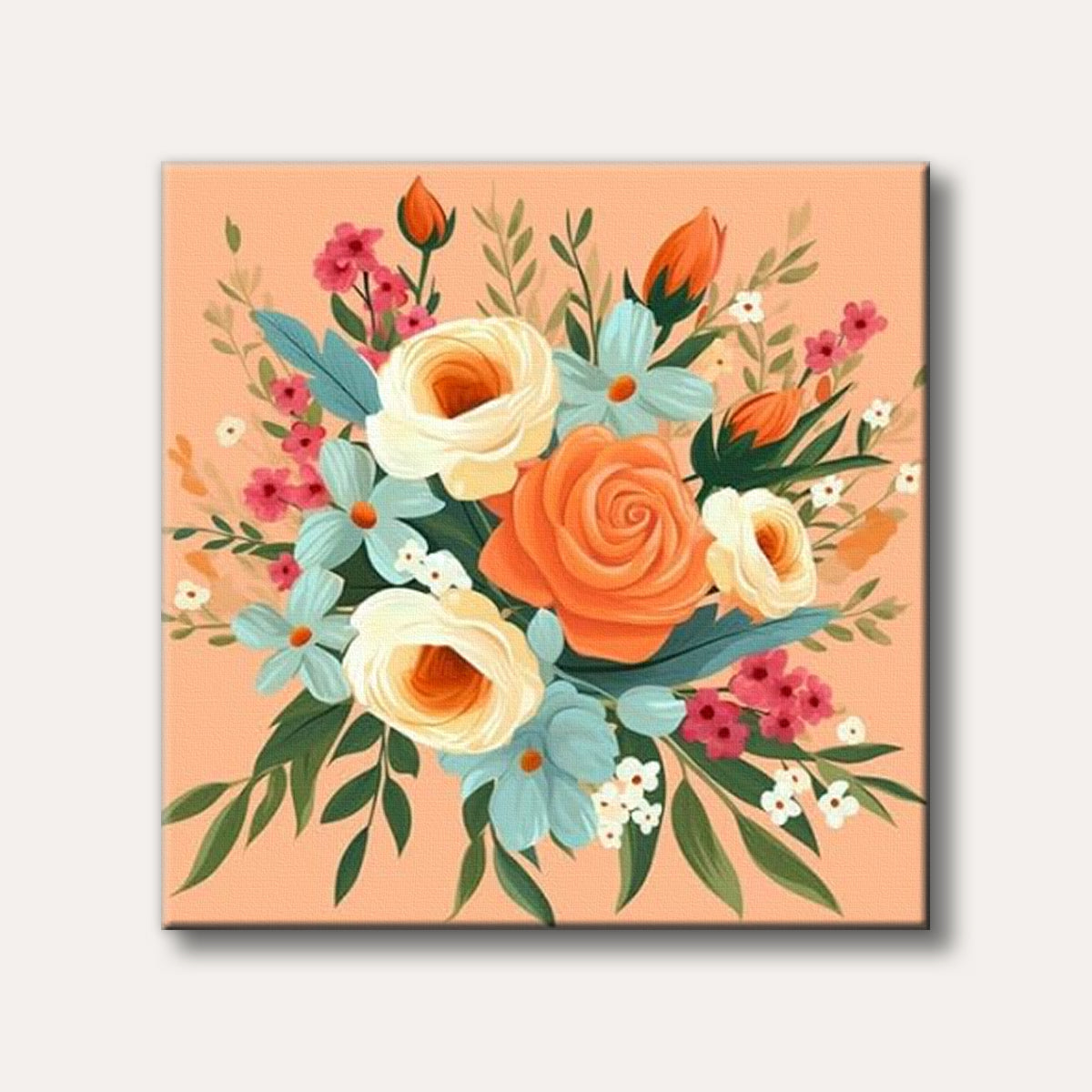 A brightly coloured floral arrangement featuring orange roses, cream-coloured peonies, light blue daisies, and small pink and white accent flowers, surrounded by green leaves on a soft peach background, in a modern illustrative style.