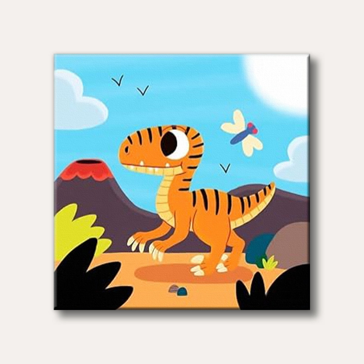 A cheerful orange cartoon dinosaur with stripes explores a vibrant prehistoric landscape under a bright blue sky, with a volcano and a flying insect, rendered in a playful illustration style.