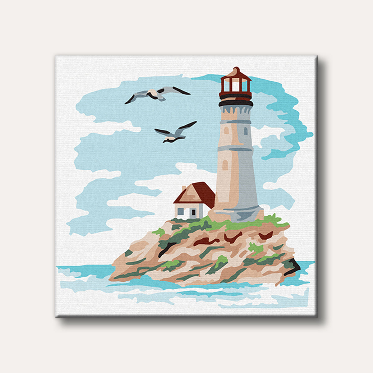 A simplified graphic art depiction of a lighthouse and a small building on a rocky island, with two seagulls flying over the calm blue sea and sky.