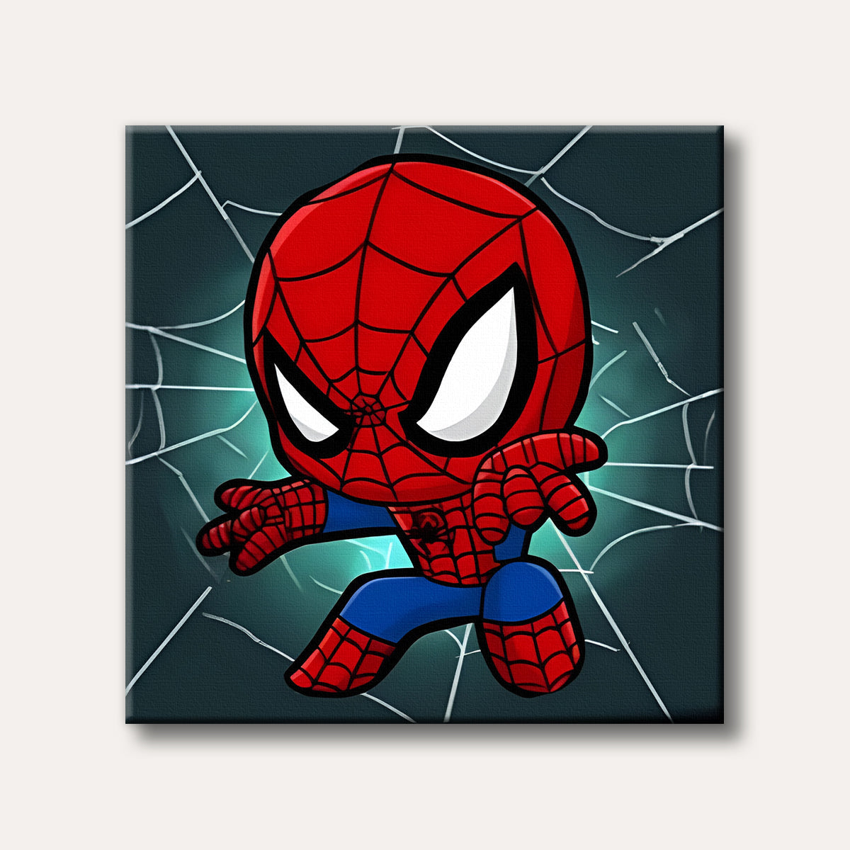 A cute, chibi-style Spider-Man character in his iconic red and blue suit, striking a heroic pose against a dark teal background with white web lines and a glowing aura.