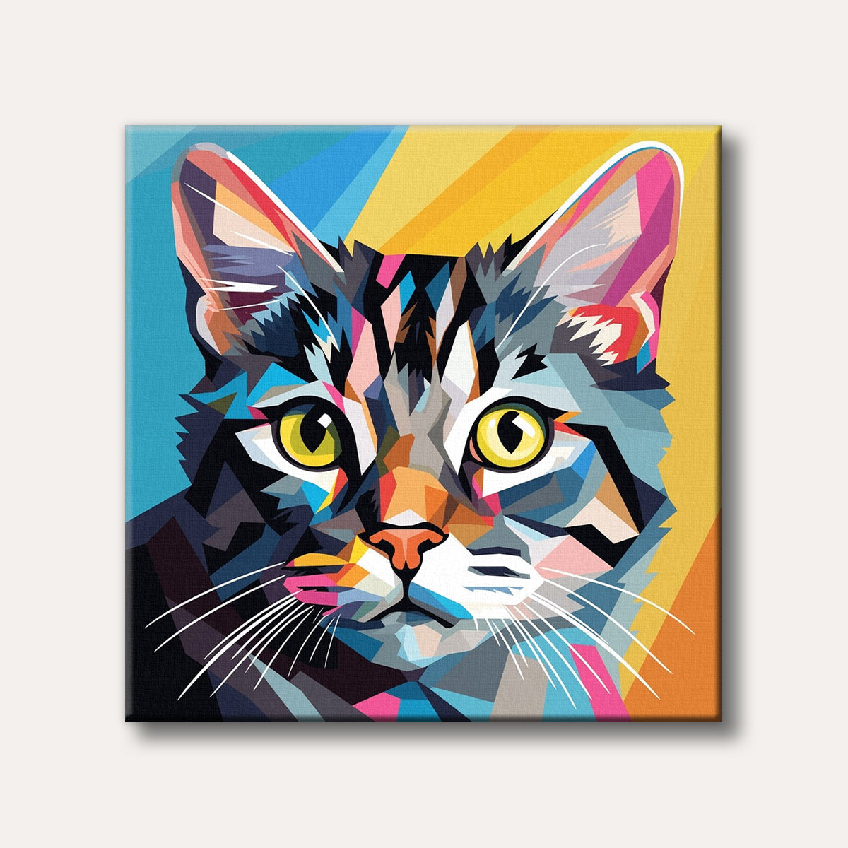 A vibrant, geometric portrait of a cat's face with bright yellow eyes and multi-coloured polygonal fur, set against a blue and yellow background, in a modern abstract style.