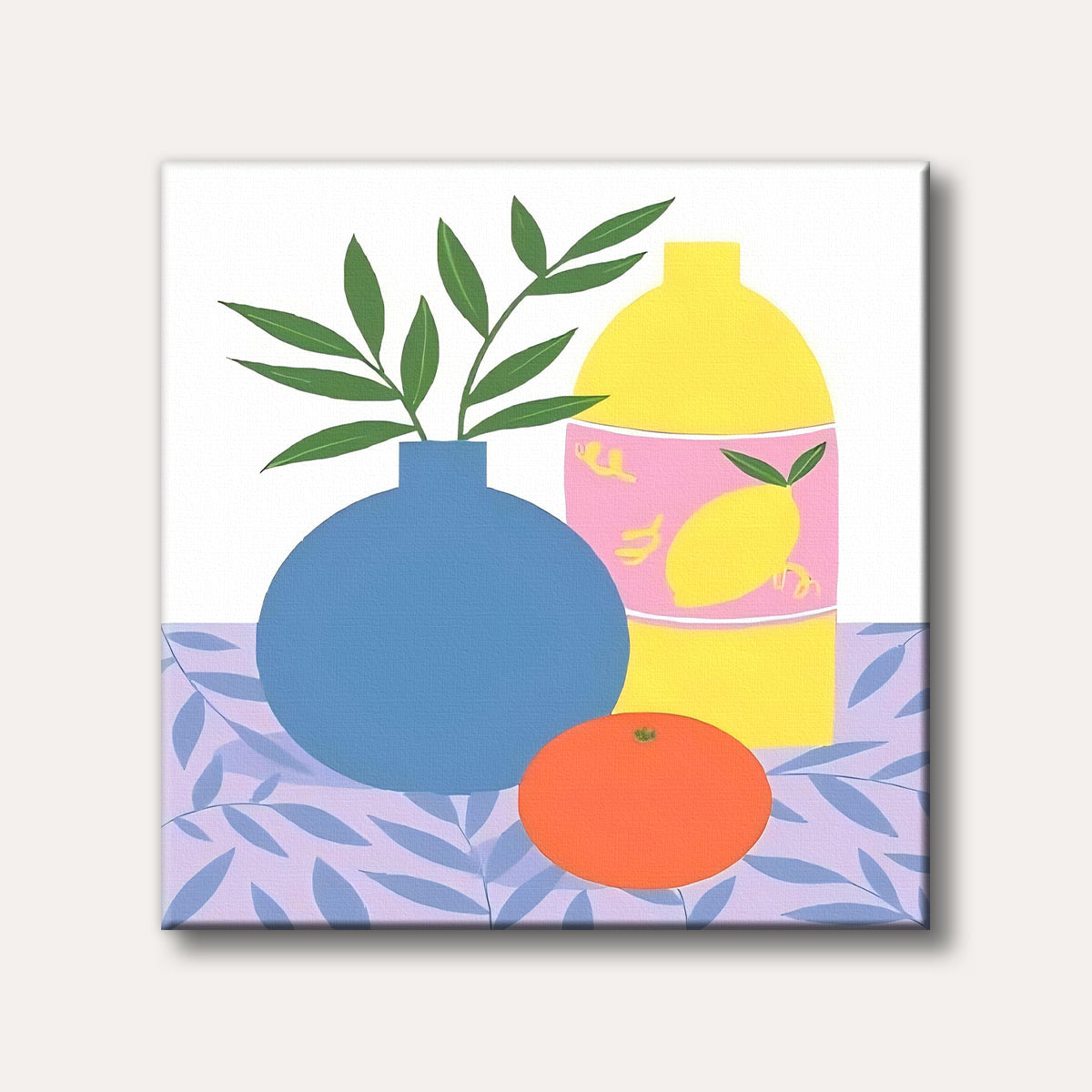 A vibrant abstract still life painting featuring a blue vase with green leaves, a yellow bottle with a lemon label, and an orange fruit on a purple patterned surface, rendered in bold, flat colours.