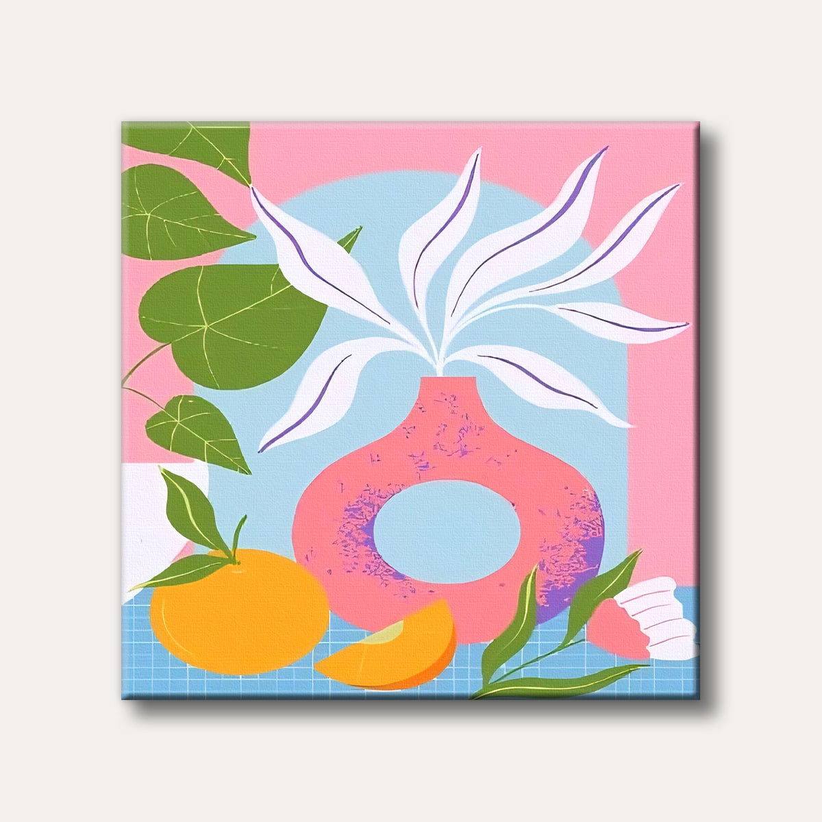 A vibrant pop art style still life featuring a pink vase holding white and green leaves, an orange, and an orange slice on a light blue grid table with a pink and blue background.