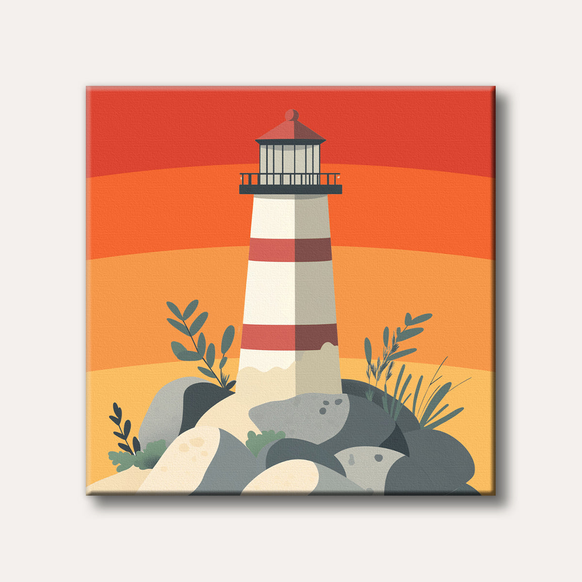A minimalist illustration of a striped lighthouse standing on rocky terrain against a vibrant red and orange sunset sky.