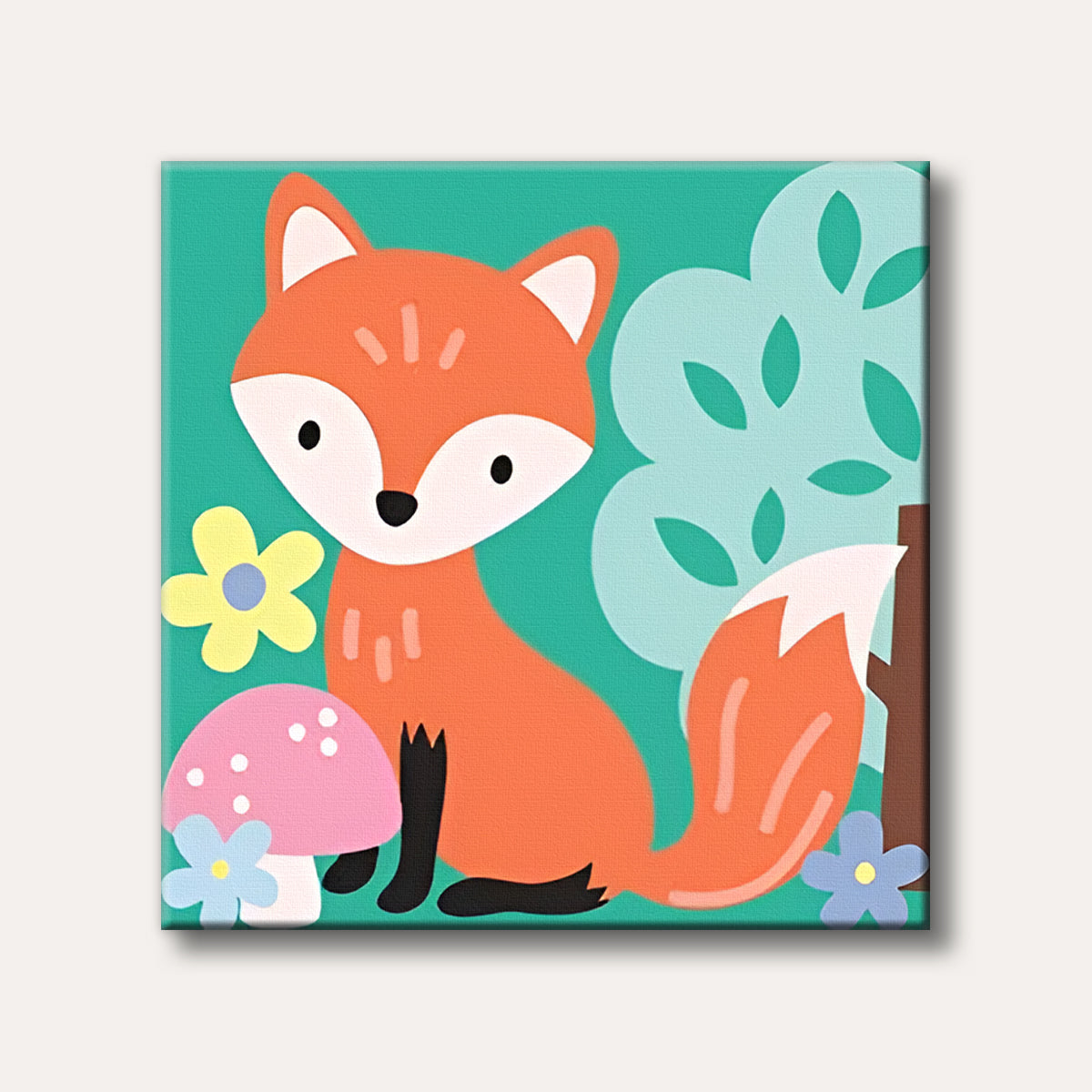 A cute orange fox with white accents sits in a stylized forest scene with light blue trees, a pink mushroom, and yellow and blue flowers, rendered in a simple, flat illustration style.