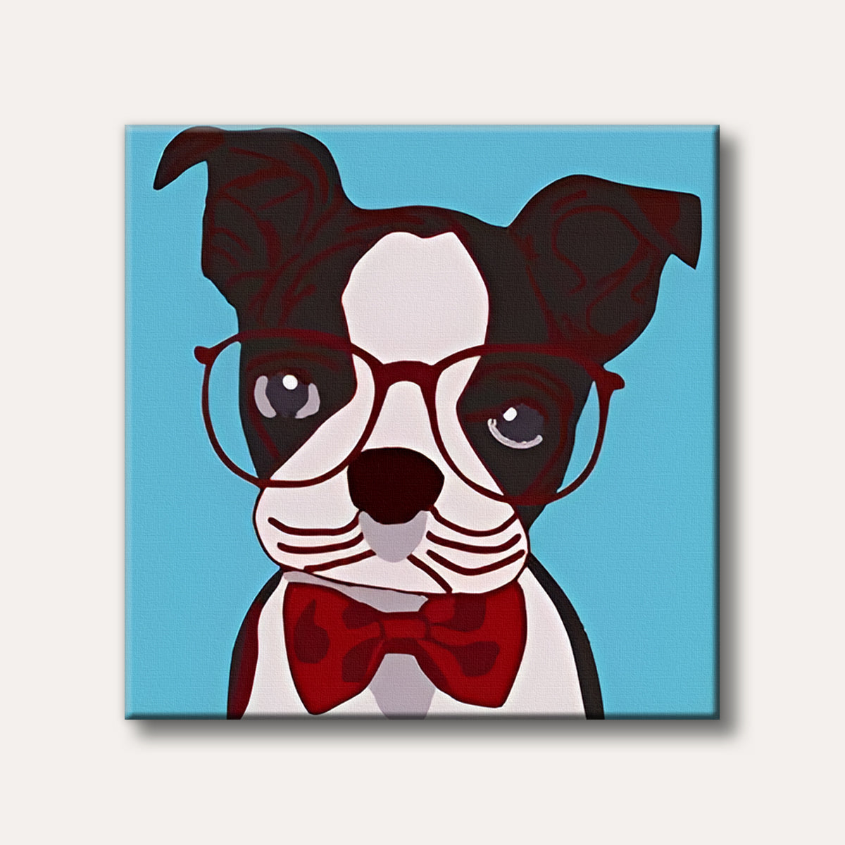A graphic illustration of a Boston Terrier dog wearing red glasses and a red bow tie, set against a bright blue background in a stylized, modern pop art aesthetic.