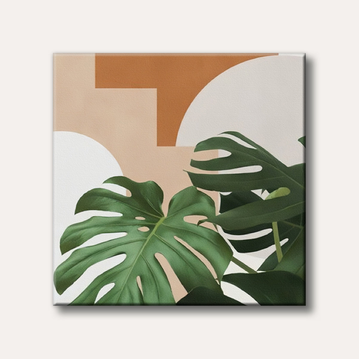 Close-up of vibrant green Monstera leaves set against a modern abstract background of circles and rectangles in warm terracotta and beige tones, evoking a calm, contemporary mood.