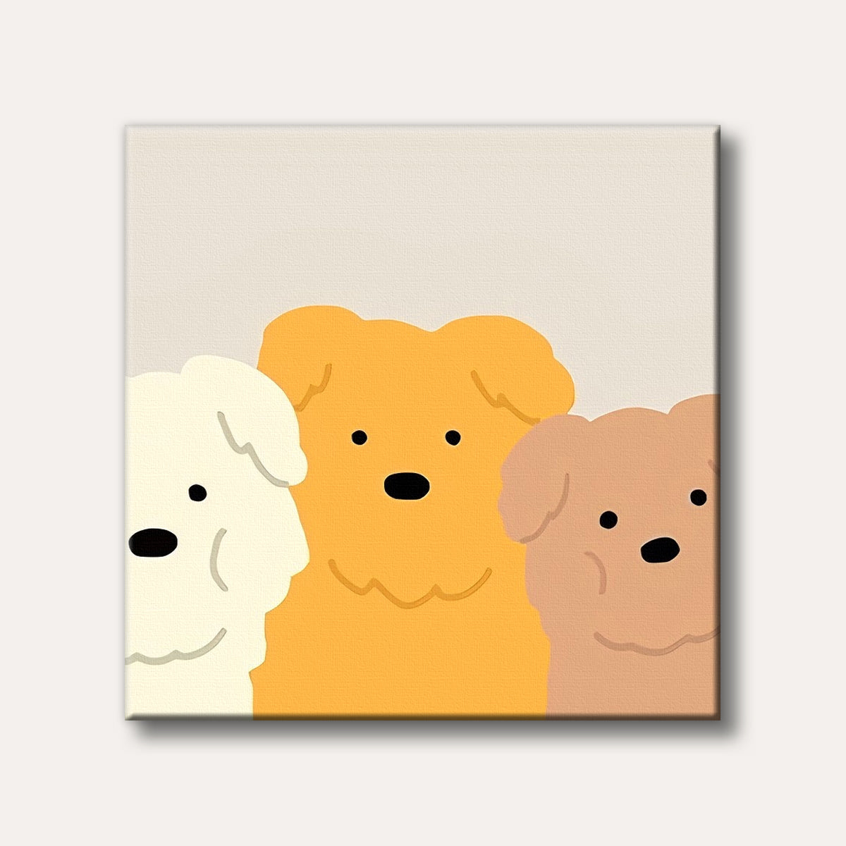 A cheerful image of three fluffy dogs in cream, orange, and brown, with minimalist black features, peeking playfully into the frame against a light beige background.
