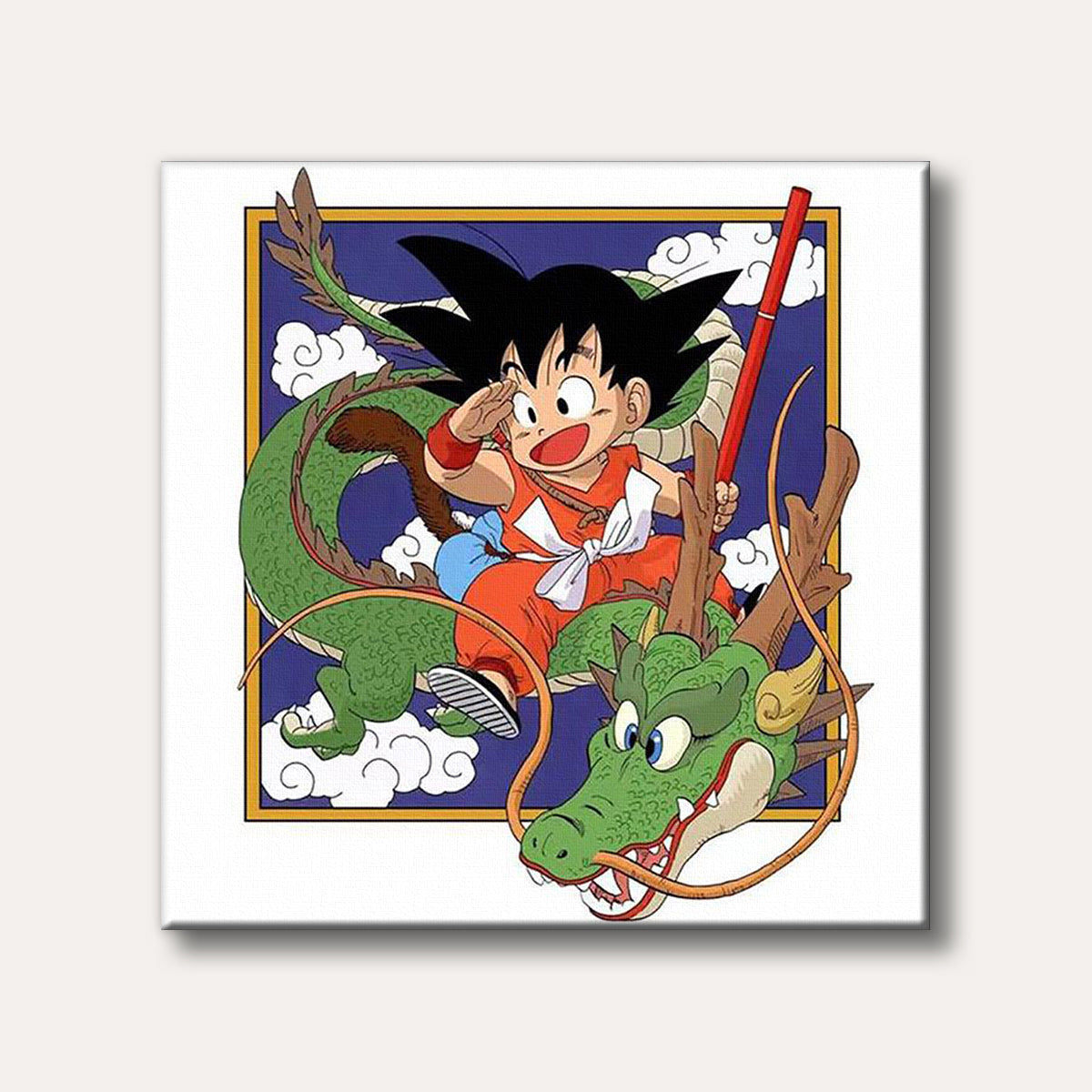 A young Goku riding on the back of the green dragon Shenron, saluting cheerfully, depicted in a classic anime style.
