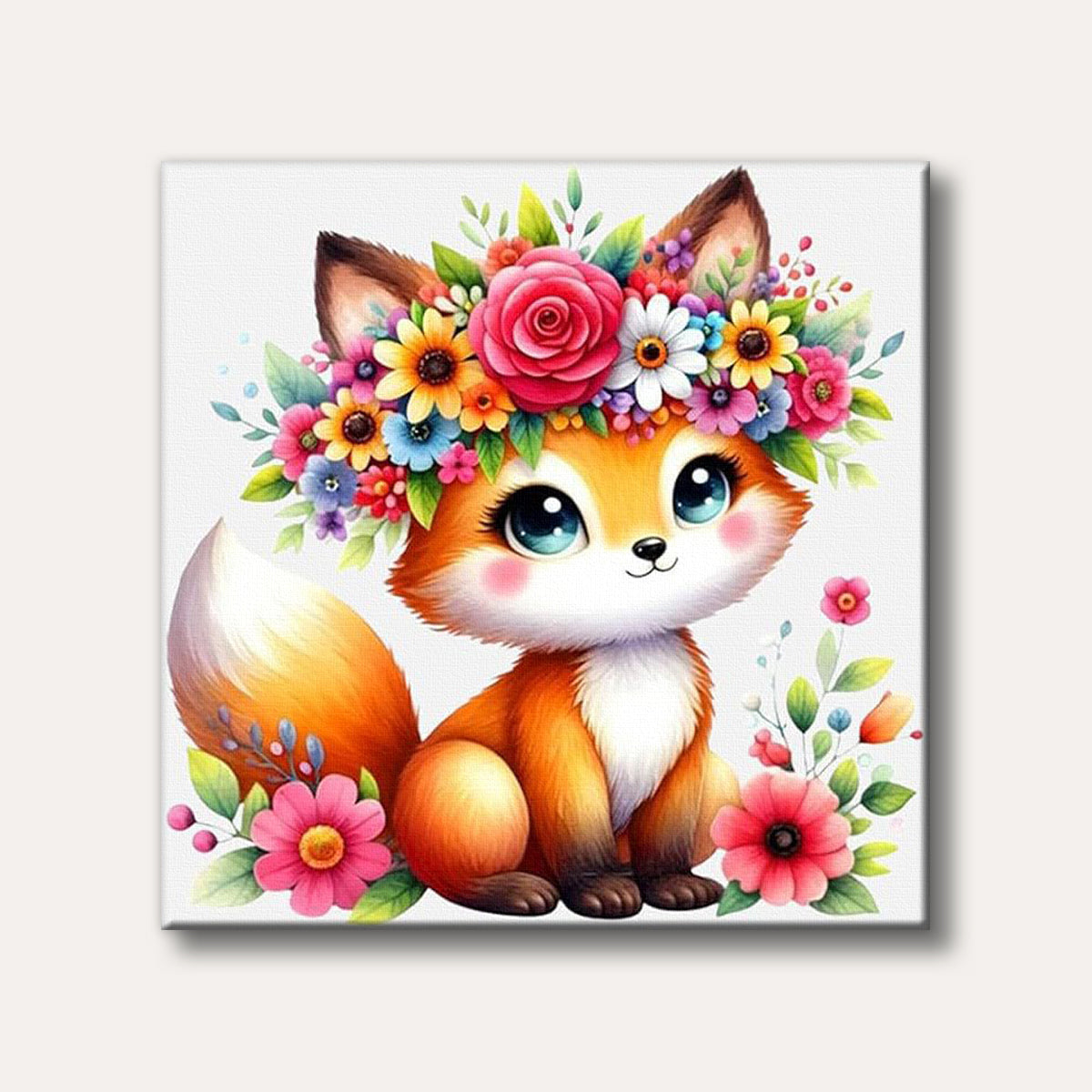 A charming, cartoon-style baby fox with large eyes wearing a colourful flower crown, surrounded by blossoms on a white background.
