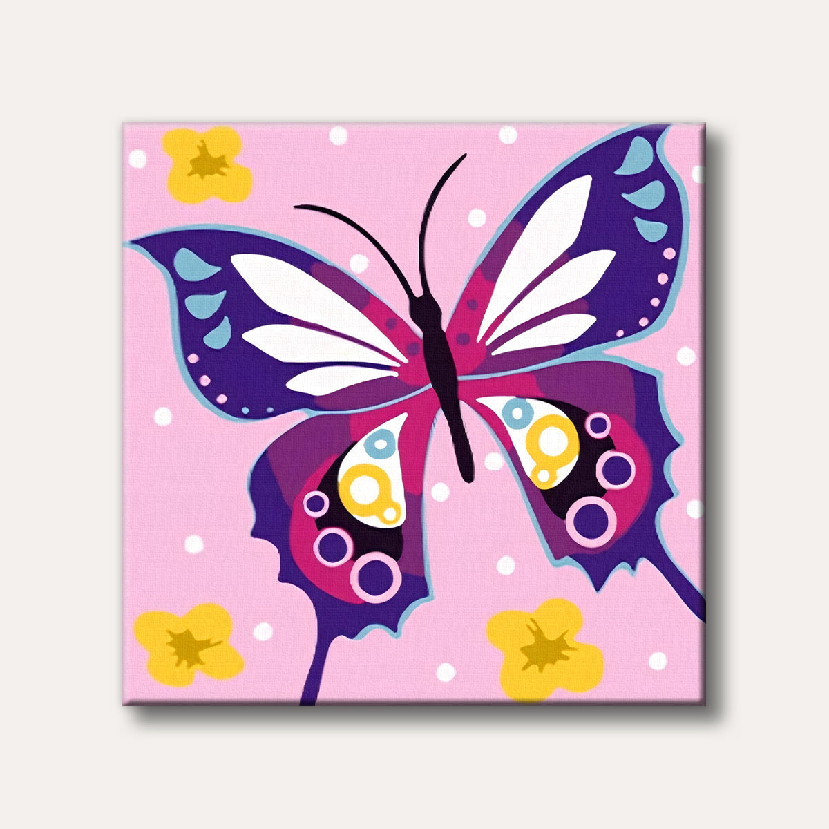 A vibrant, stylized butterfly with purple and pink wings, yellow and blue accents, set against a light pink background with white polka dots and yellow flowers, in a whimsical, graphic art style.