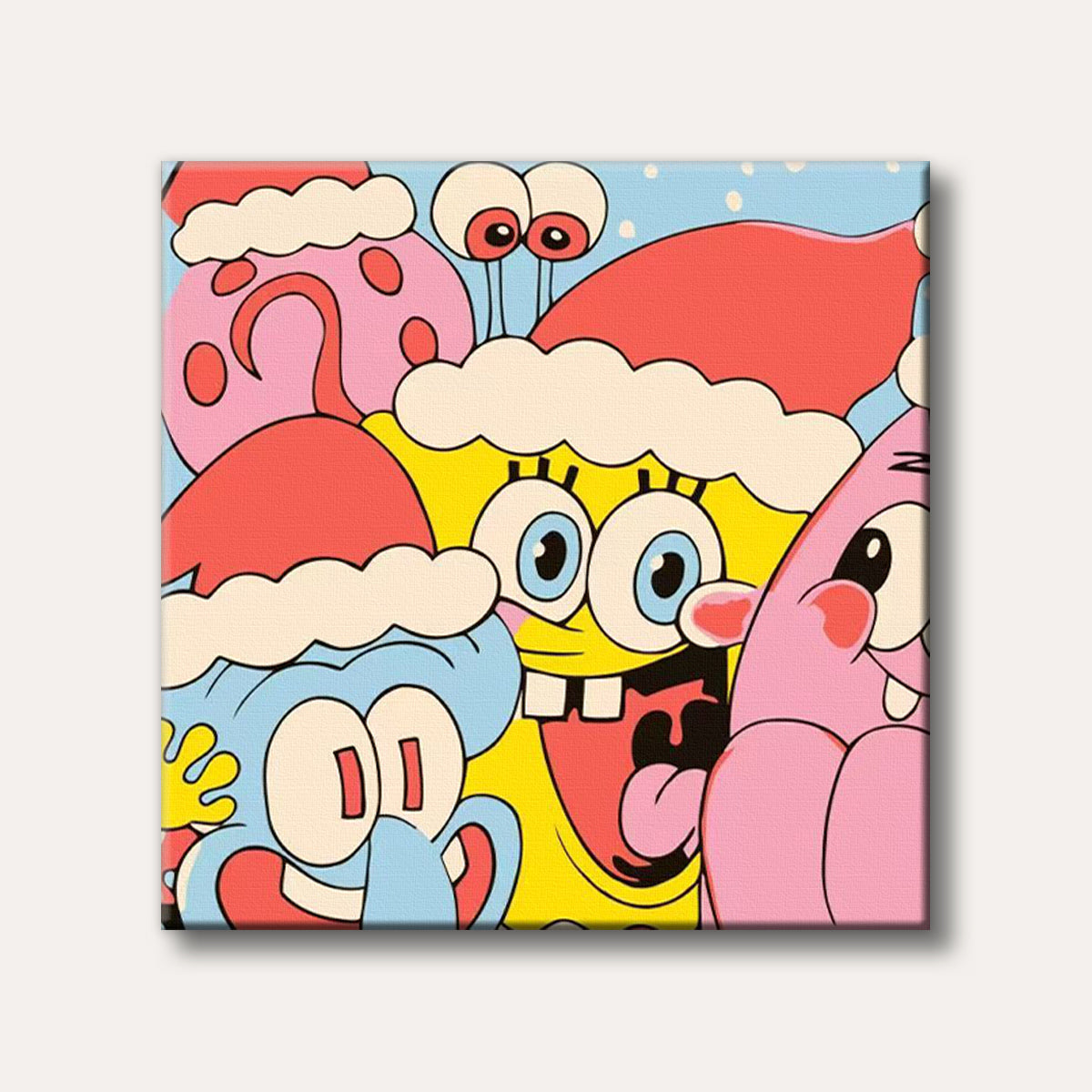 A vibrant, pop-art style depiction of SpongeBob SquarePants, Patrick, Squidward, and Gary wearing Santa hats against a light blue background, conveying a cheerful and festive mood.