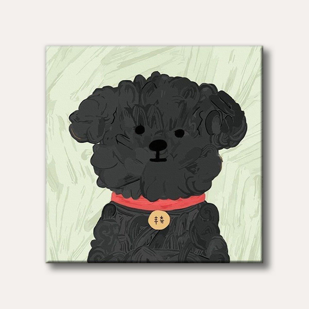 A stylized illustration depicting a black poodle with a textured coat, wearing a vibrant red collar and a gold tag, set against a light, brushstroke background.