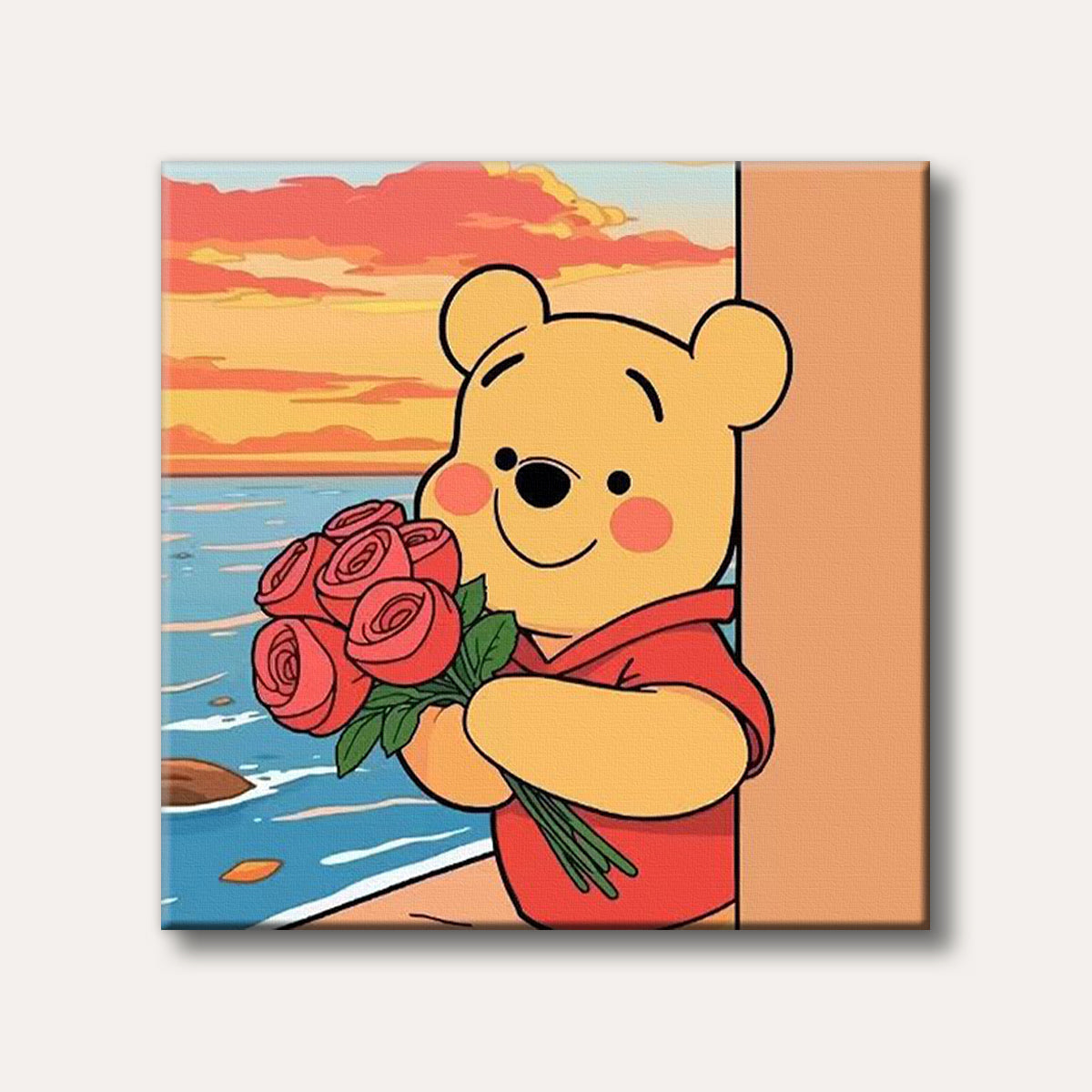 A cheerful cartoon illustration of Winnie the Pooh holding red roses, with a vibrant orange and pink sunset reflecting over blue water in the background.