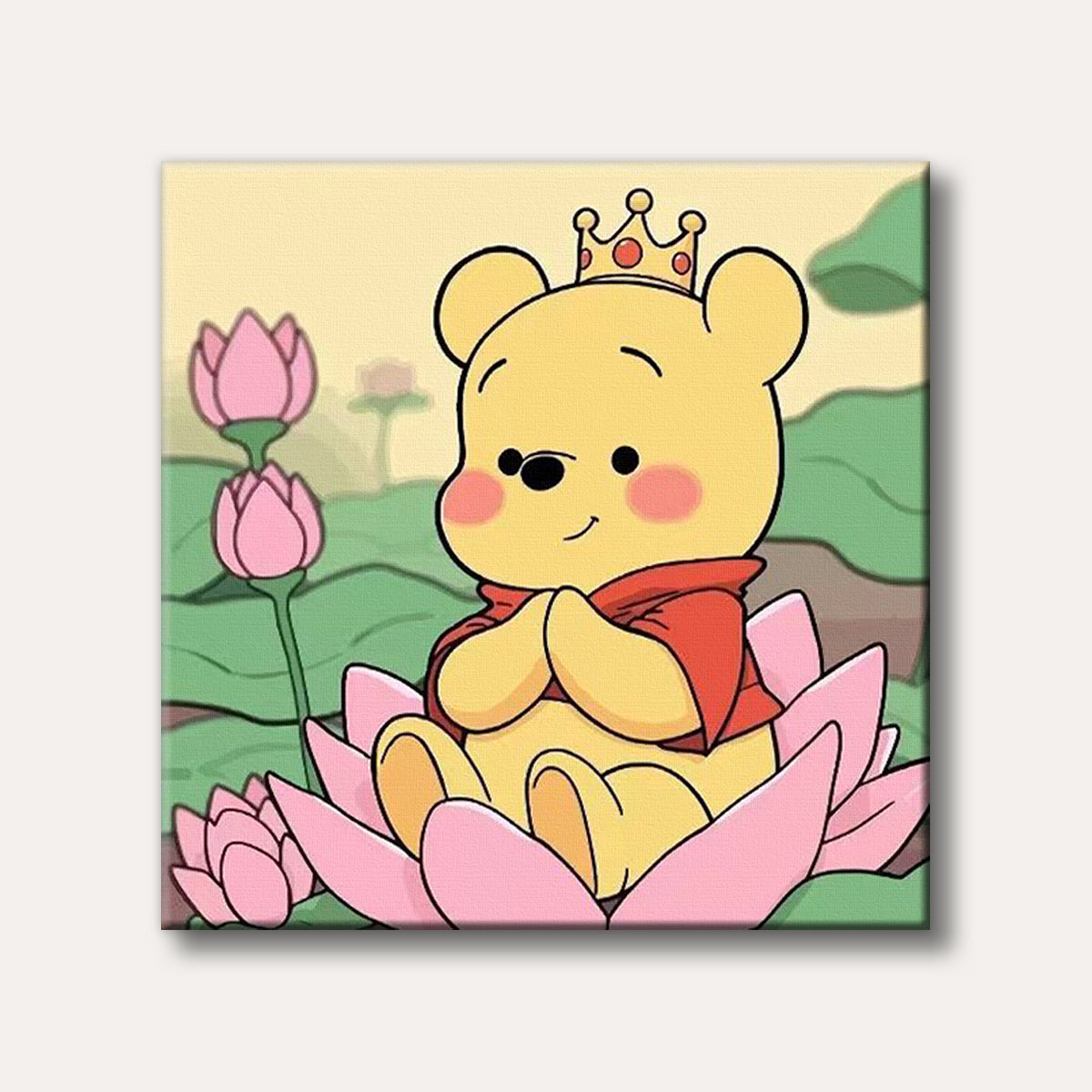 A cute cartoon bear, resembling Winnie the Pooh, wearing a golden crown and red cloak, seated in a pink lotus flower with more lotus blossoms in the background, in a cheerful and simple art style.
