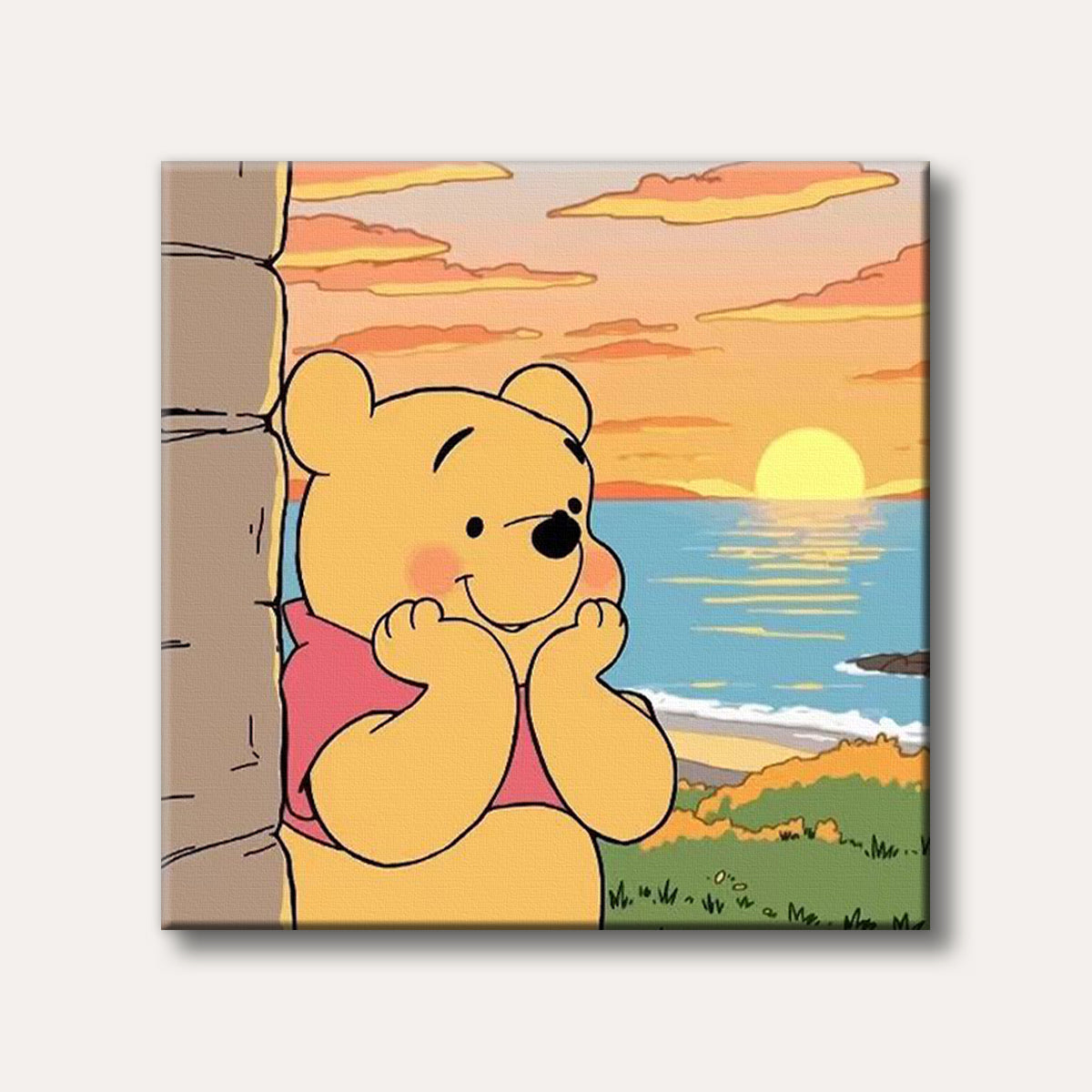 A sweet illustration of Winnie the Pooh looking fondly at a colourful sunset over a peaceful ocean and beach, rendered in a charming cartoon style.