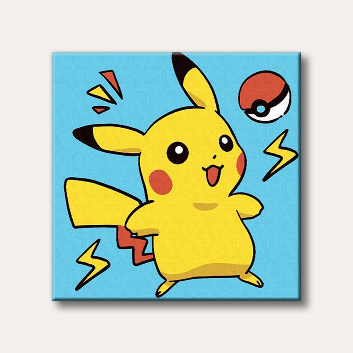 A cheerful yellow Pikachu stands against a light blue background, surrounded by red and yellow lightning bolt designs and a Poké Ball, rendered in a bold, cartoonish style.