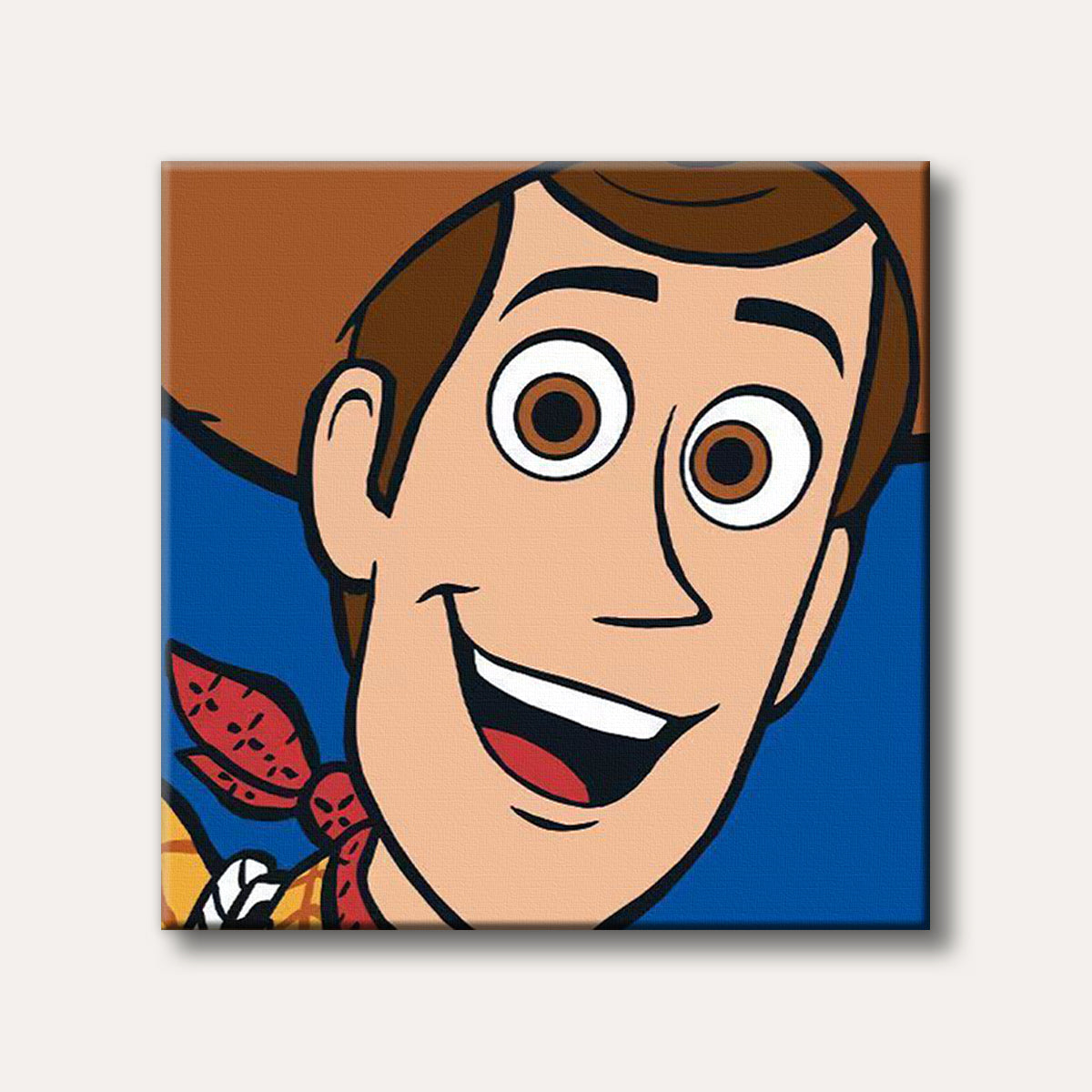 A close-up portrait of Woody from Toy Story, smiling broadly with a cheerful expression in a cartoon art style against a solid blue background.