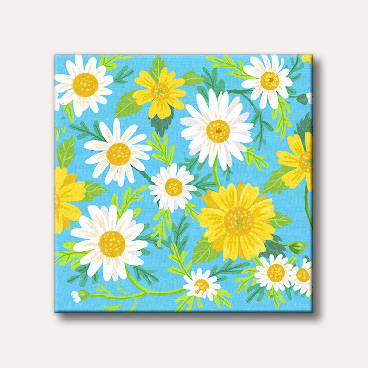 A cheerful illustration of white and yellow daisy-like flowers with green leaves on a bright blue background, rendered in a flat, stylized manner.